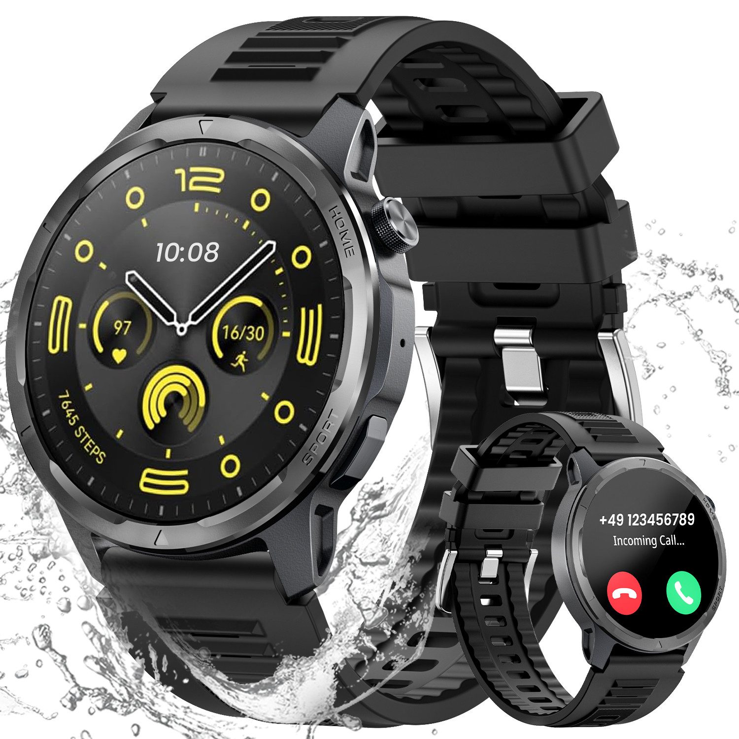 Sanorum Smartwatch Herren mit Telefonfunktion Smartwatch (3.53 cm/1.39 Zoll, HD-Touchscreen) mit 100 Sportmodi, IP68 Wasserdichte Fitnessuhr Tracker, mit Schlafmonitor Schrittzähler Pulsuhr SpO2