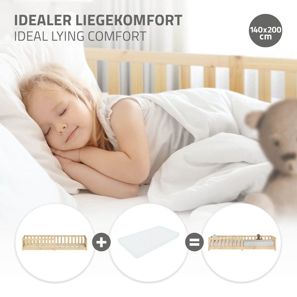 ML-DESIGN Spielbett Bodenbett Holzbett mit Lattenrost & Rausfallschutz Jugendbett Babybett, Abenteuerbett 140x200cm Natur Kinderbett Bettgestell ohne Matratze – Bild 4 von 5