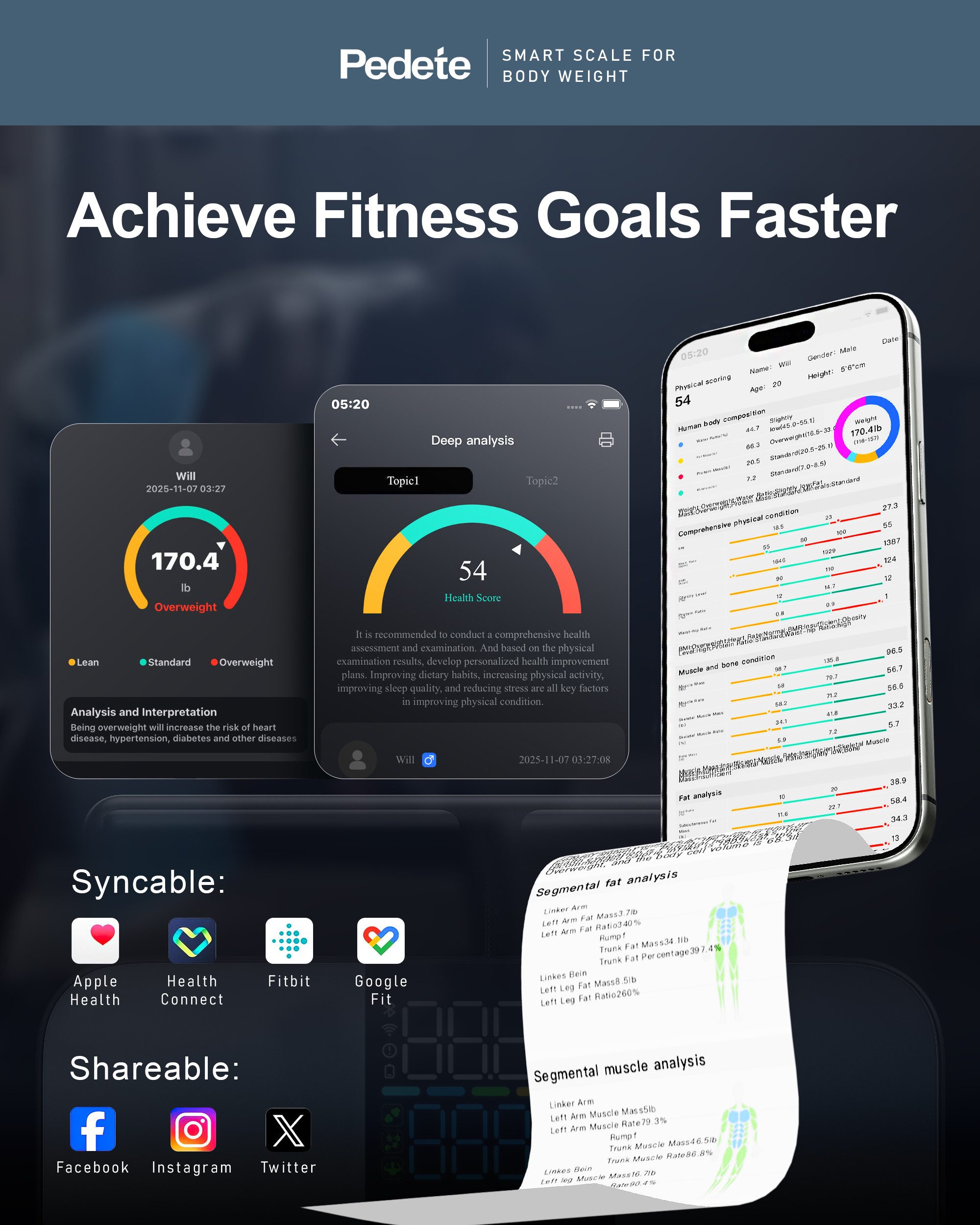 ibettertec Körper-Analyse-Waage Fitness Körperfettwaage mit 8 sensoren,Bluetooth, LED-Anzeige, mit App zur Übertragung und Tracking der Messwerte, Körper & Visz – Bild 5 von 5