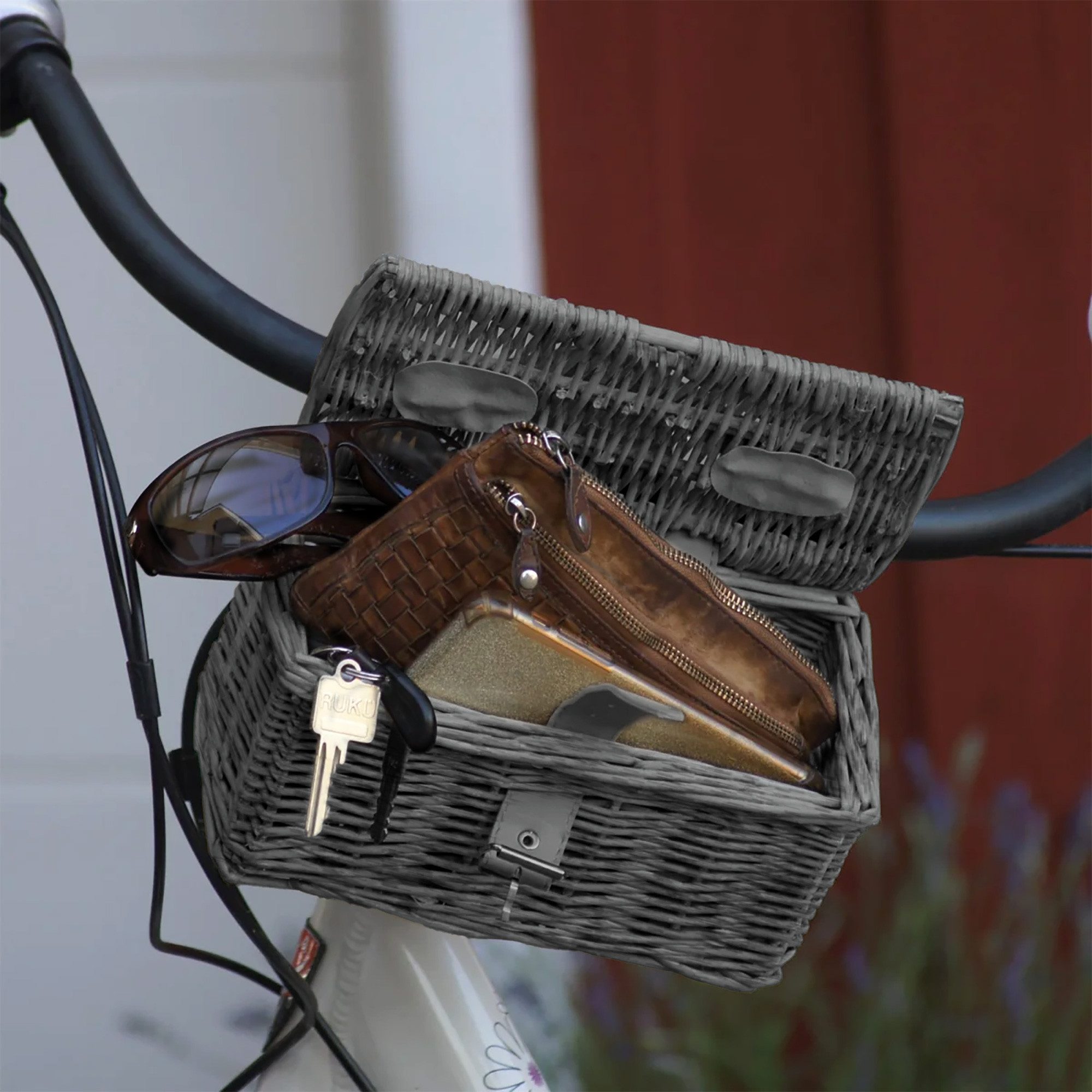 UNUS GARDEN Fahrradkorb Korb in weidenoptik Fahrradkorb KLEIN für vorne (grau 11x22x13cm (HxBxT), für Handy, Portemonnaie oder Sonnenbrille