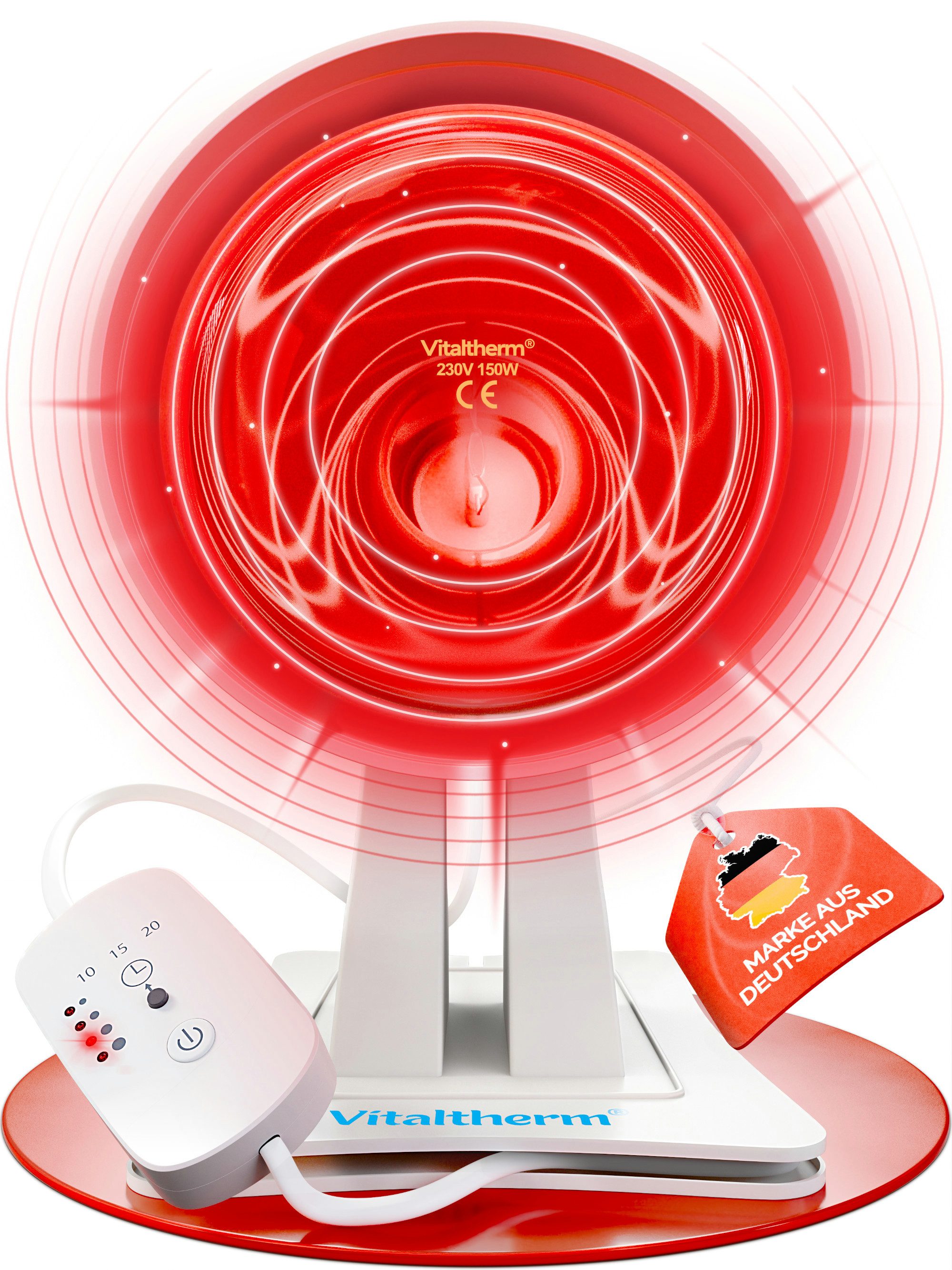 Vitaltherm Infrarotlampe RW 150 Rotlichtlampe Wärmelampe – Infrarotlampe mit Timer & Dimmer, Wohltuende Wärme