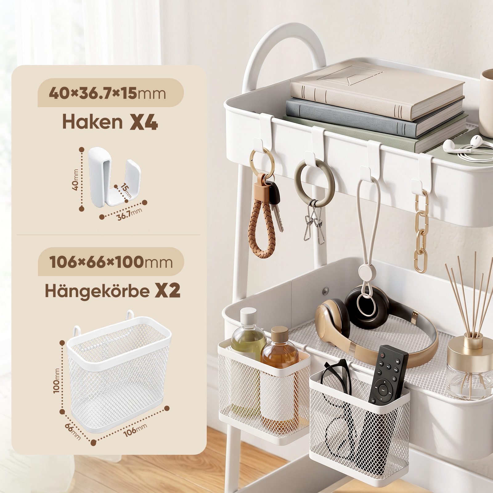 Sekey Rollwagen Küche 30 cm Breit Servierwagen mit Rollen Metall, 2 Körben & 4 Haken, Innovatives Klick-Design für schnelle Montage ohne Schrauben – Bild 4 von 5