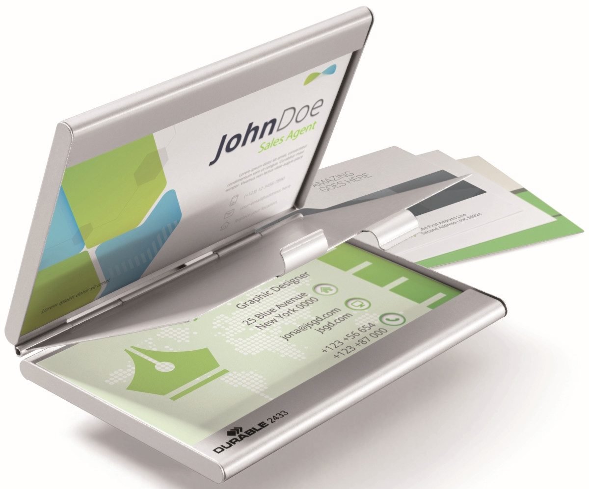 DURABLE Visitenkartenhülle Visitenkartenspender Business Card Box duo für 20 Karten metall/silber