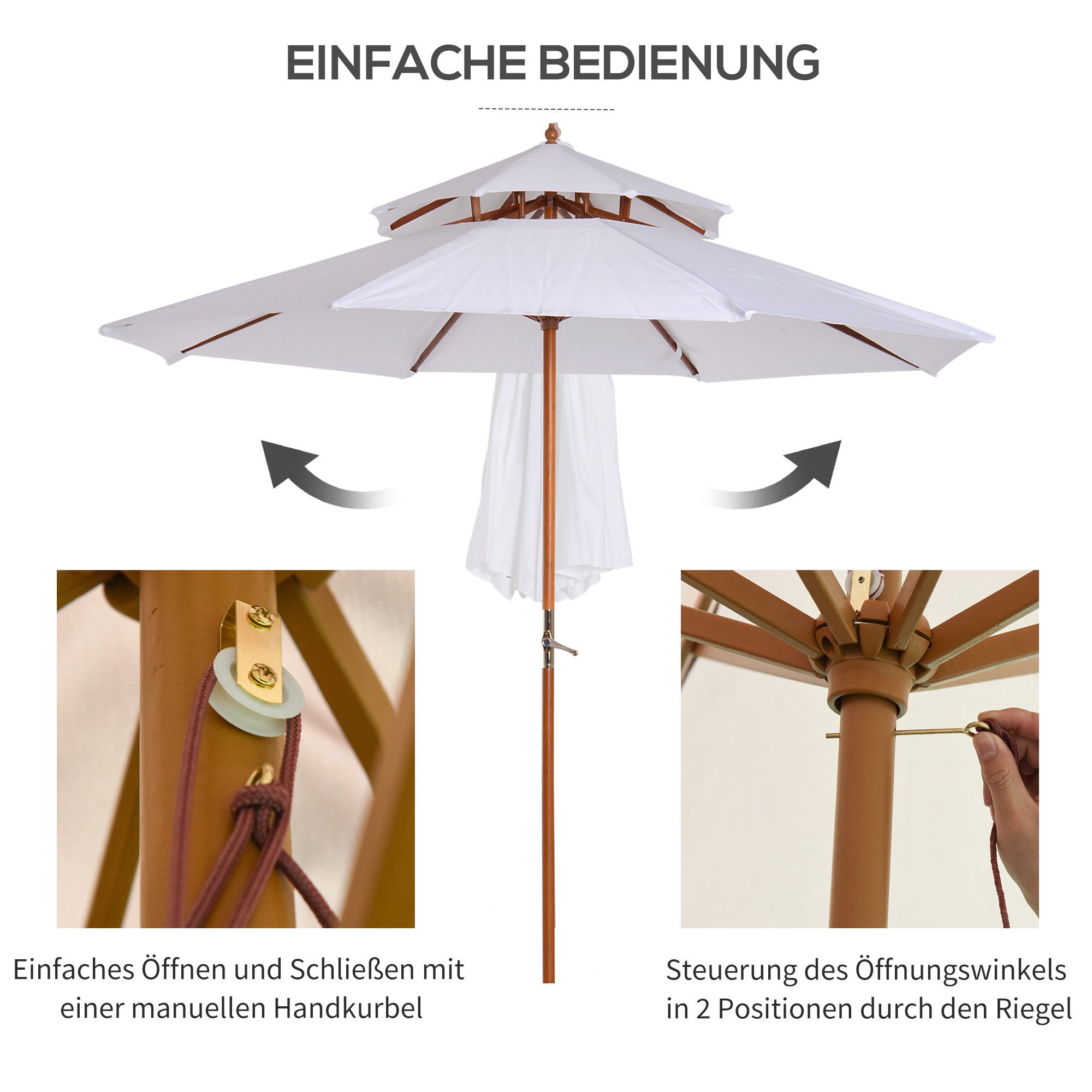 OKWISH Sonnenschirm 265x264m Holz Sonnenschirm Doppeldach Creme – Gartenschirm Holzschirm, LxB: 265x265 cm, Packung, Balkonschirm mit stabilem Holzgestell, Sonnenschutz Outdoor