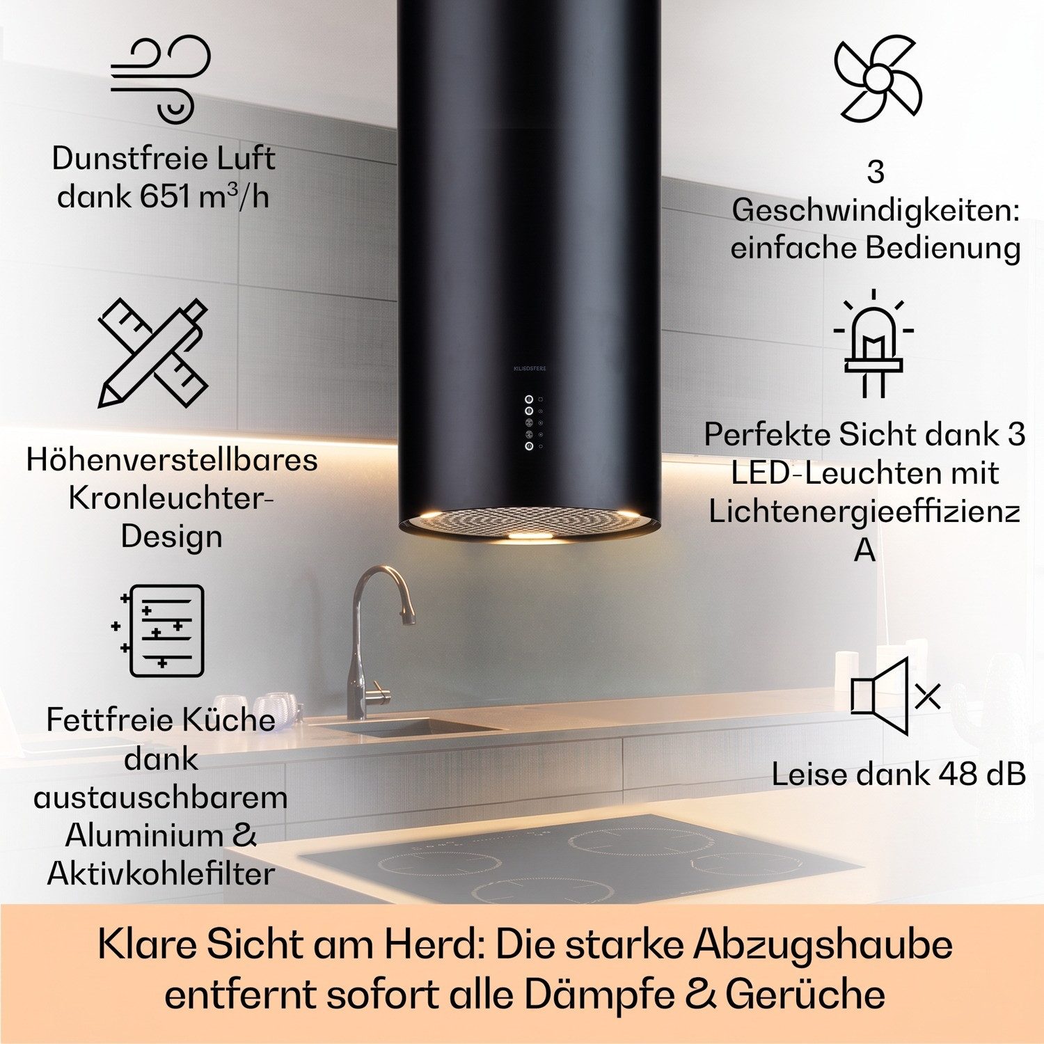 Klarstein Deckenhaube Bolea Serie Bolea Inselabzugshaube Ø 38 cm 600 m³/h LED Aktivkohlefilter Ab/Umluft Bolea, Inselhaube Abzughaube Dunstabzugshaube Abluft mit Aktivkohle
