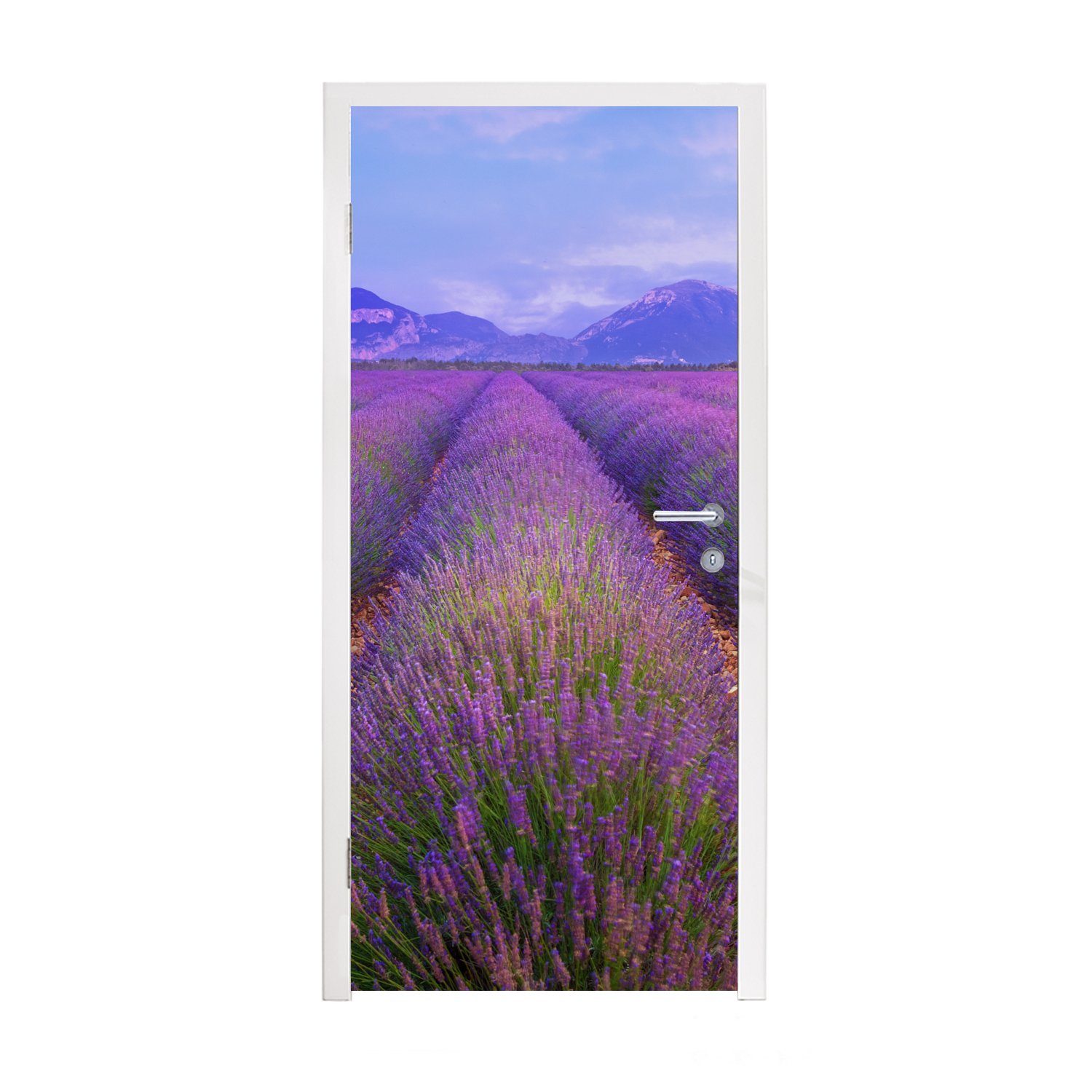 MuchoWow Türtapete Reihen von Lavendel vor Bergen, Matt, bedruckt, (1 St), Fototapete für Tür, Türaufkleber, 75x205 cm
