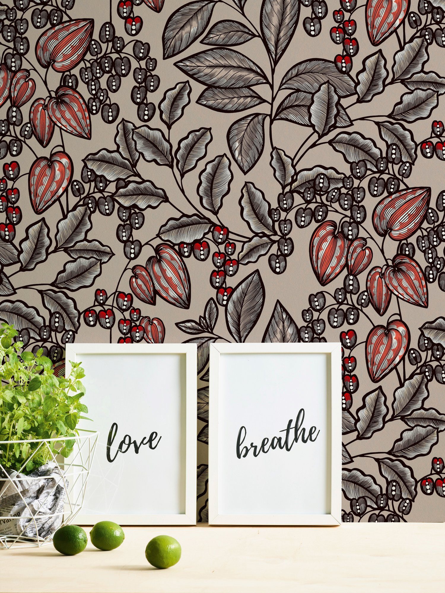A.S. Création Architects glatt, botanisch, Impression, Tapete braun/grau/rot Paper Floral floral, Vliestapete Blumen