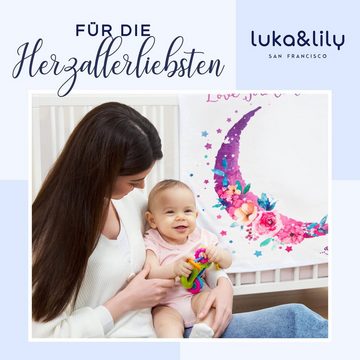 Kinderdecke Rosa Baby Meilenstein Decke, Luka & Lilly, Ultrasofte Baby Meilenstein Decke - Rosa Mond Blumen - 150 x 100 cm