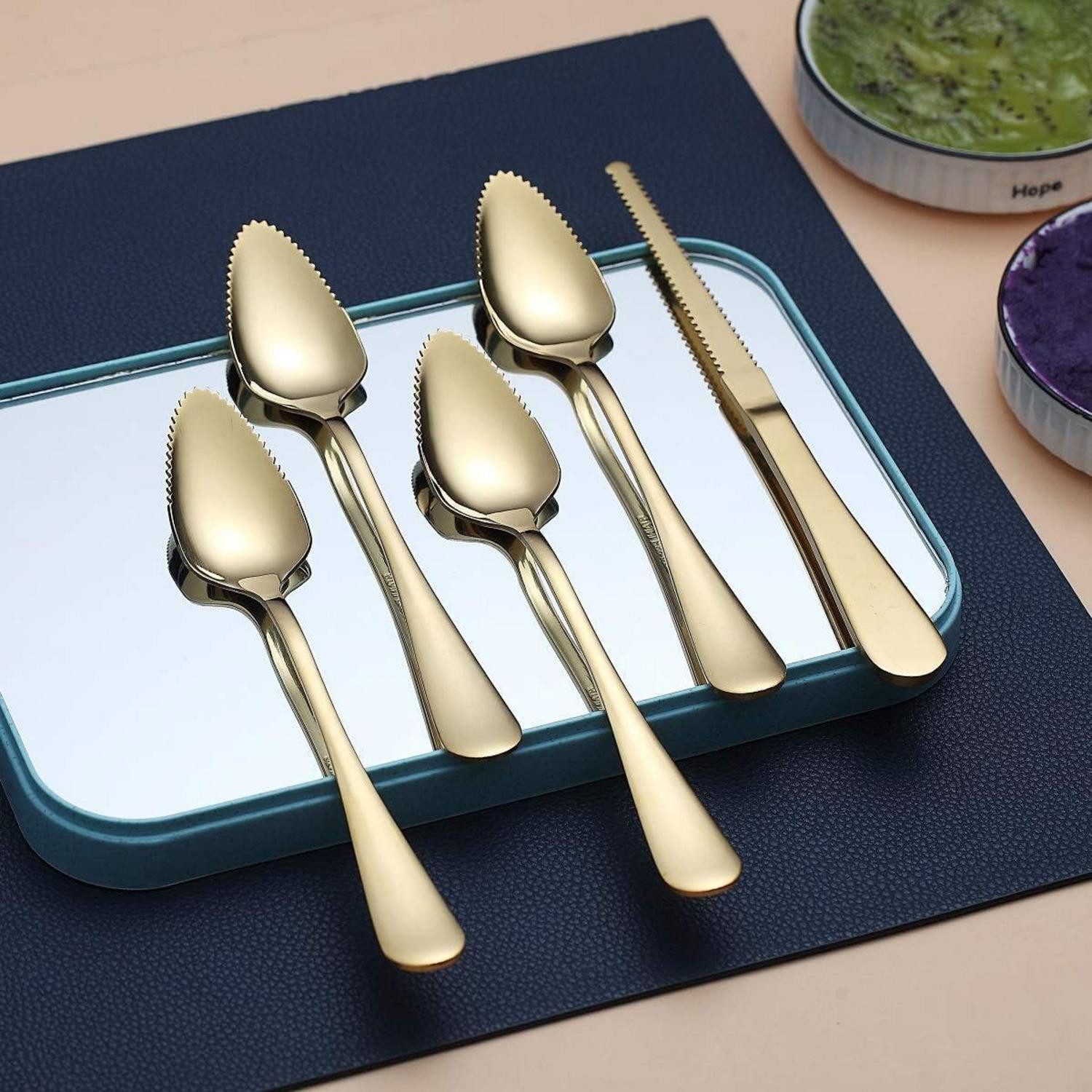 LuxusKollektion Kochbesteck-Set Grapefruit Löffel Gold Edelstahl 5er Set Messer Titan 4. Gold