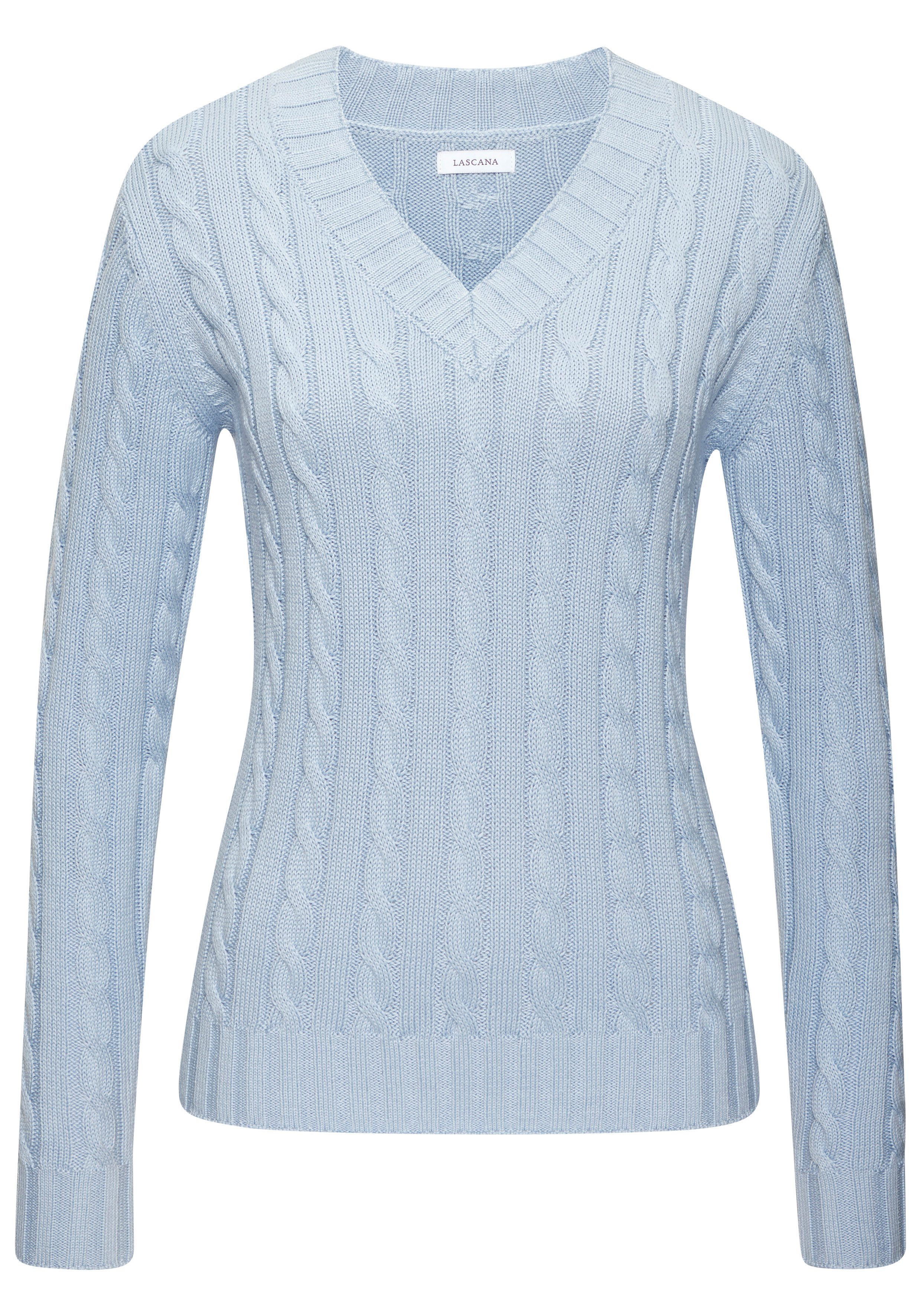 LASCANA V-Ausschnitt-Pullover mit Zopfstrickmuster. € 49,99