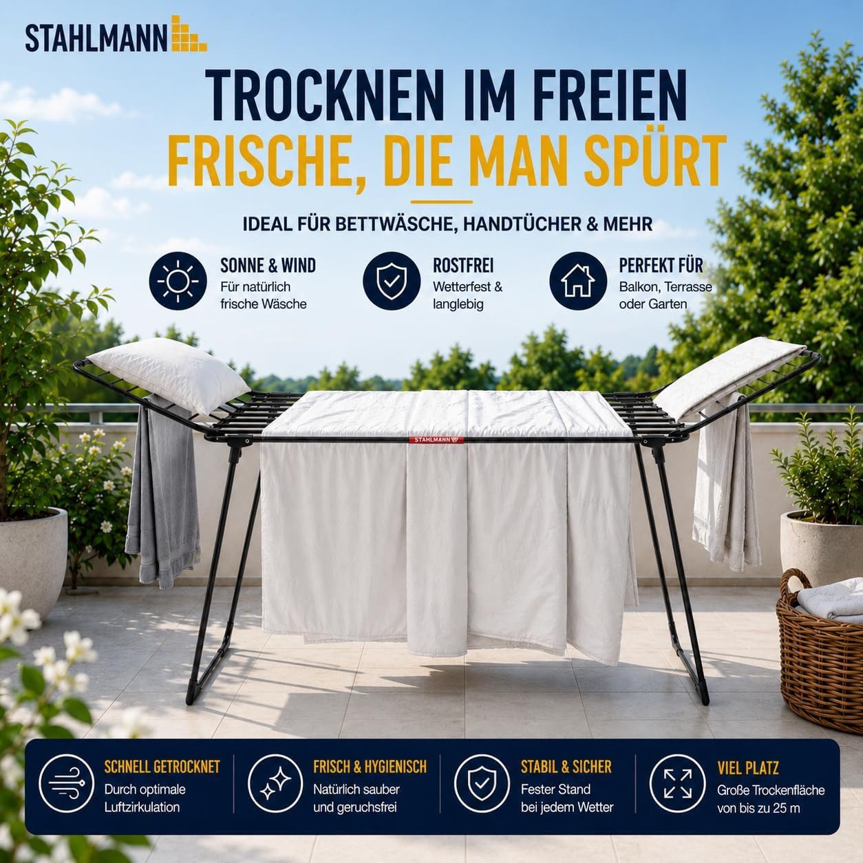 STAHLMANN Wäscheständer Premium XL [25 m Trockenfläche], Ausziehbar, Rollen, Made in EU, 25 m Trockenfläche · Ausziehbar · Made in EU – Bild 5 von 5