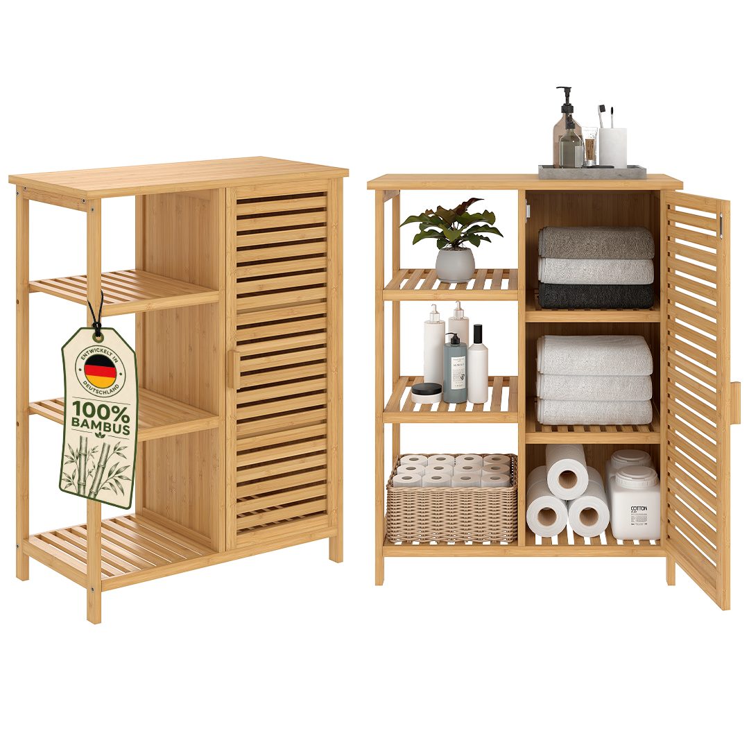 Bellamio Hochschrank Newa aus Bambus, Badezimmerschrank mit Ablage, lackiert (6 Fächer) Badezimmerschrank 85×33×66cm, verfügbar in verschiedenen Ausführungen