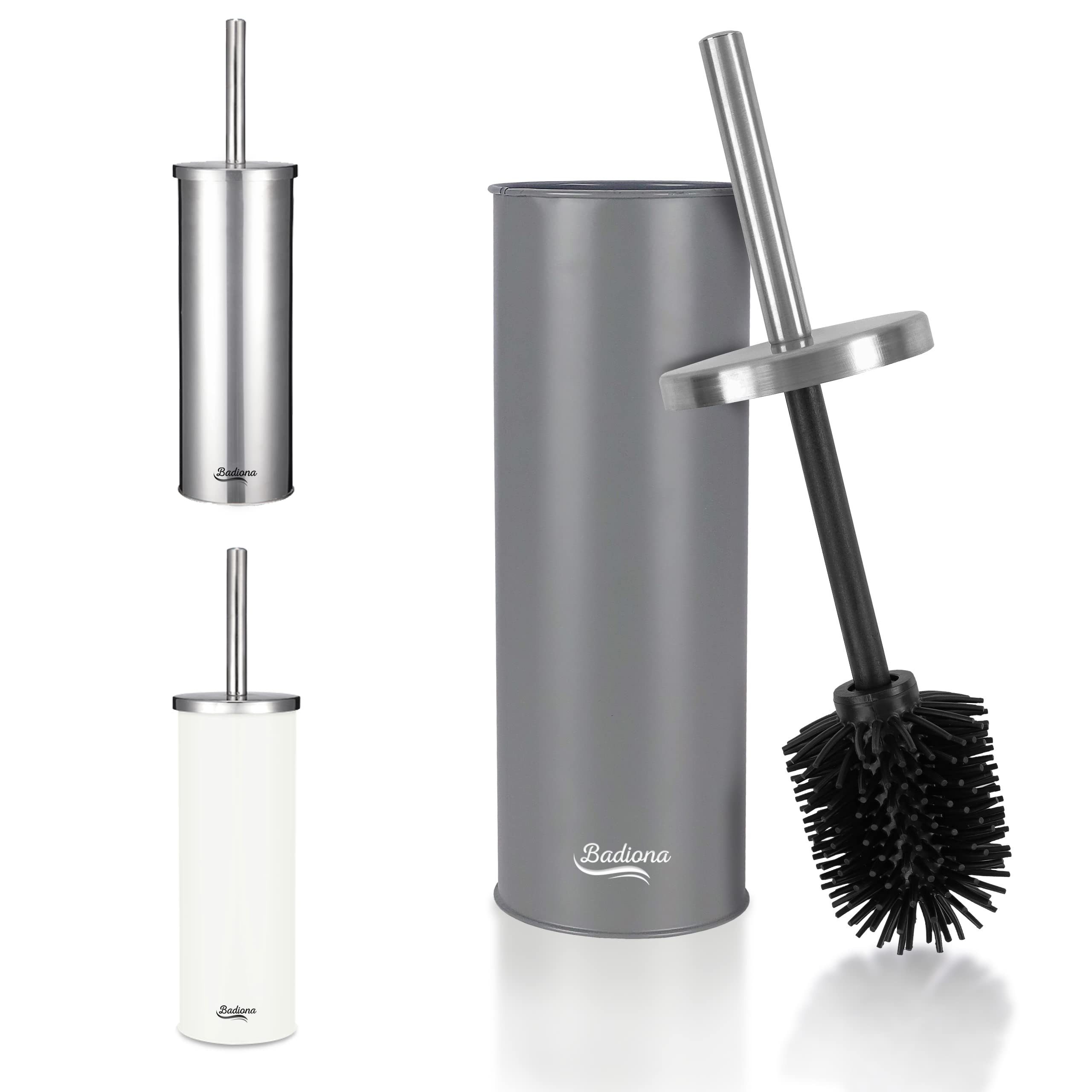BADIONA WC-Reinigungsbürste Silikon Klobürste - Edelstahl, Für Standardtoiletten, (Abnehmbarer Griff & Moderne schwarze Bürstenköpfe), Wechselkopf aus Silikon, Edelstahlhalter