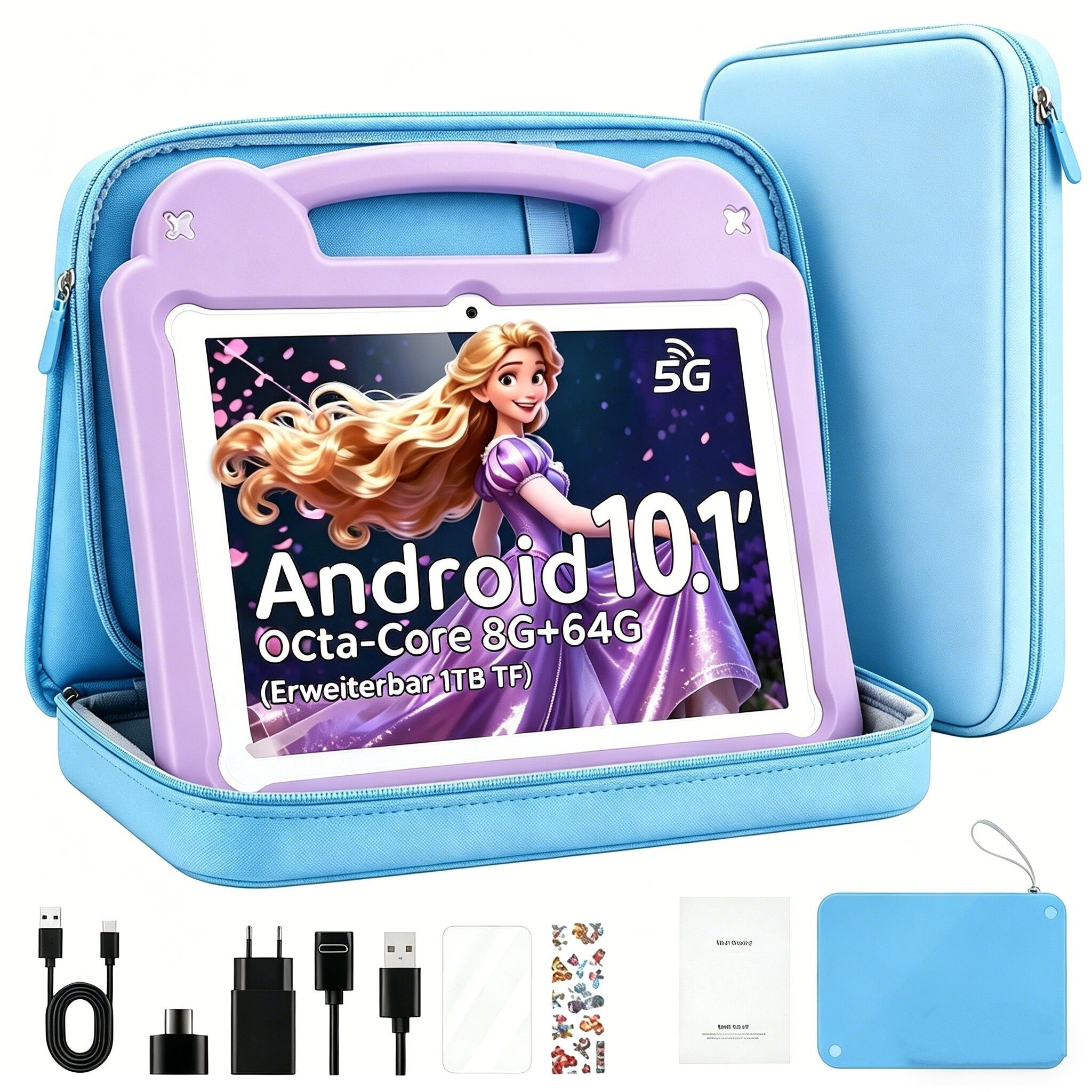 WILGOON 10.1'' Kids Android 15 mit Stylus Tablet A523 Octa Core bis 2.0 GHz HD Tablet (10.1", 64 GB, Android 15, 2.4G+5G WIFI6, 6000 mAh mit WiFi 6 Bluetooth 5.0 GMS mit Tasche+Sticker für Kinder)