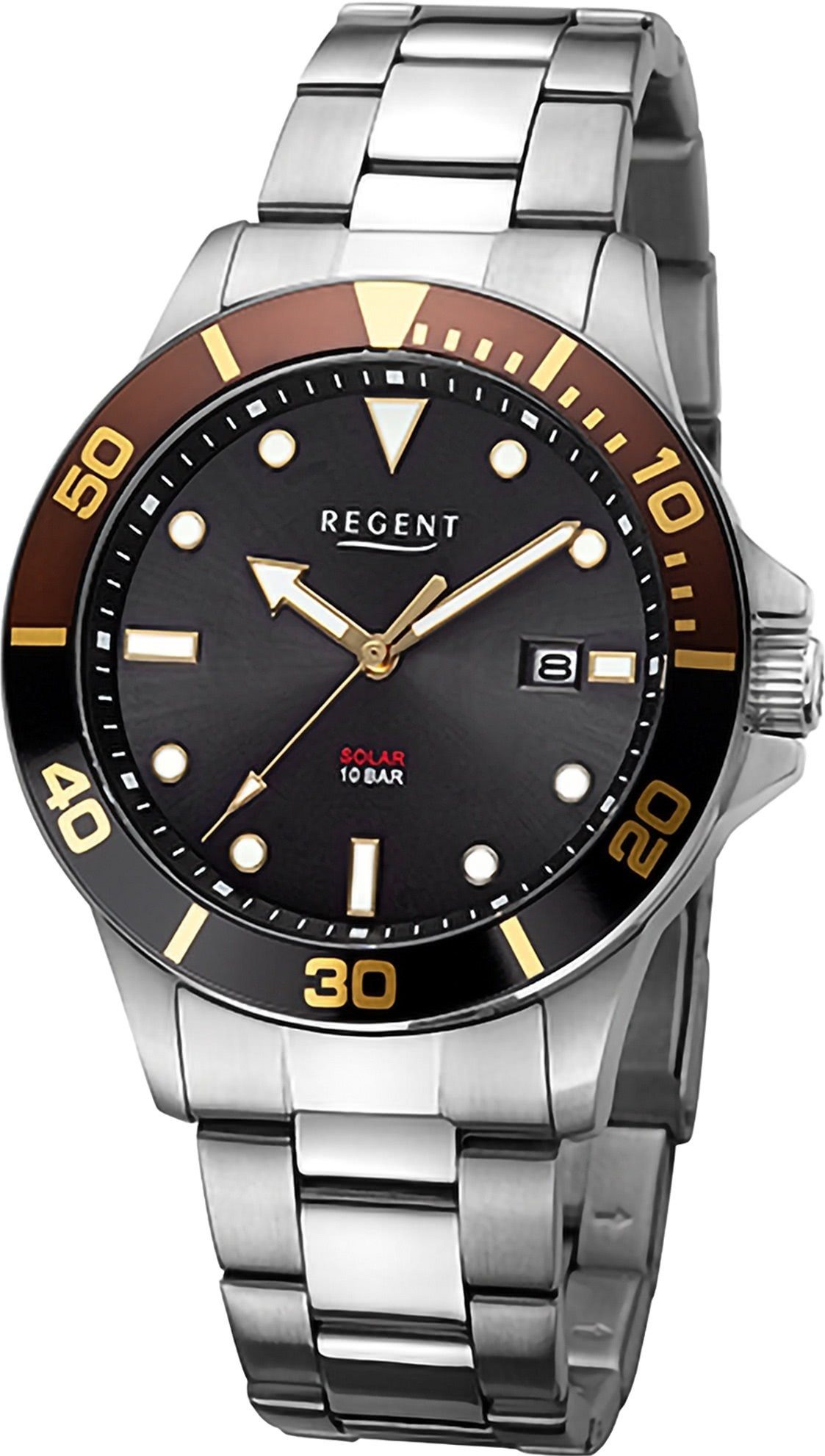 Regent Solaruhr Regent Herren Solaruhr Analog, (Solaruhr), Herren Solaruhr rund, extra groß (ca. 41mm), Metallarmband