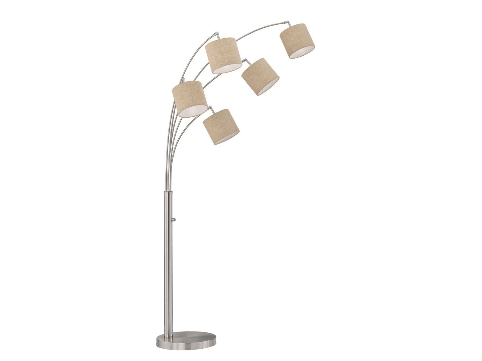 FISCHER & HONSEL LED Bogenlampe, mitgelieferte Leuchtmittel stufenweise über Lampenschalter dimmbar, LED wechselbar, Warmweiß, Stehlampe ge-bogen mit 5x Stoff Lampenschirm Beige, dimmbar H: 180cm