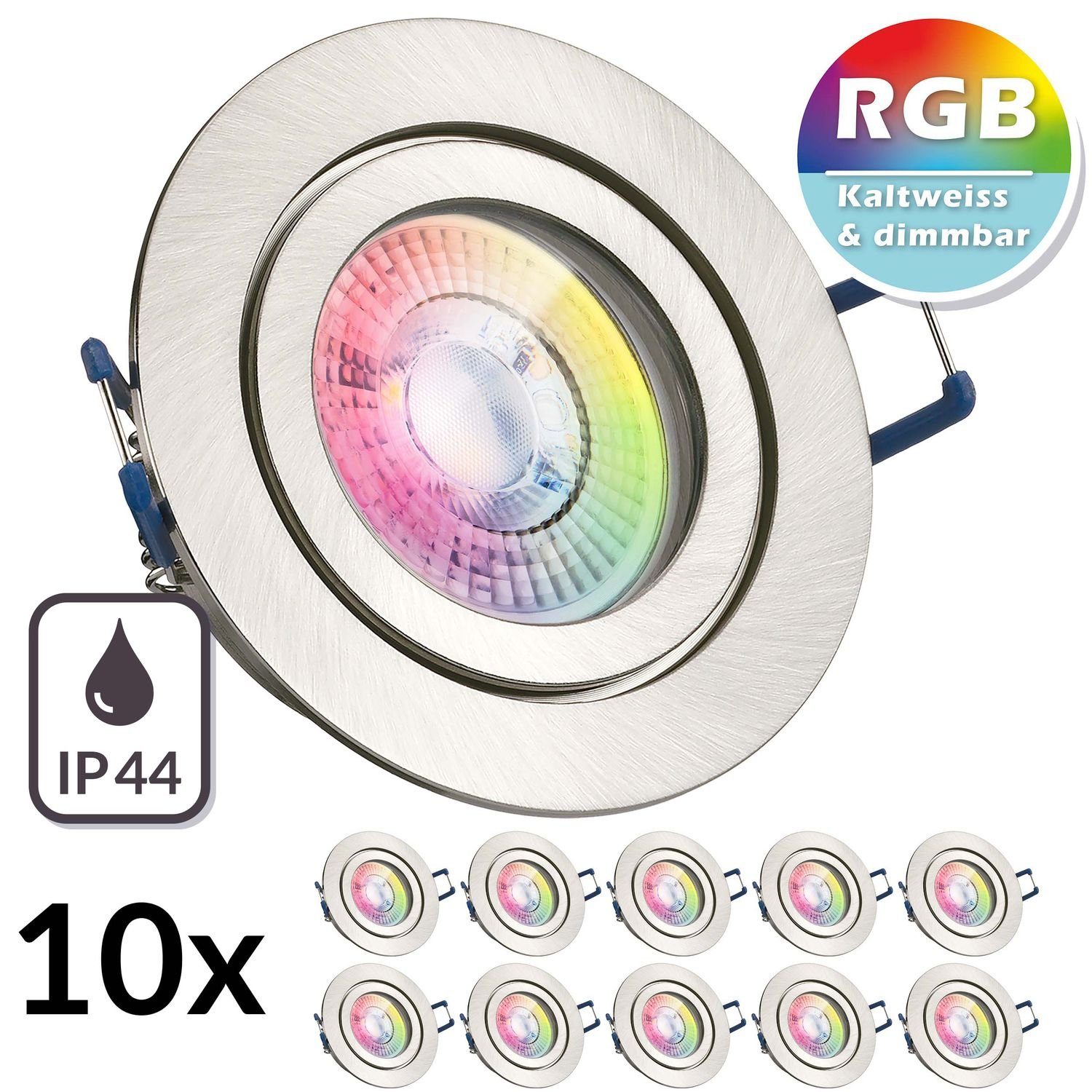 LEDANDO LED Einbaustrahler 10er IP44 RGB LED Einbaustrahler Set extra flach in silber gebürstet m