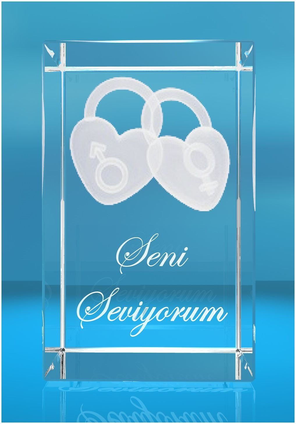 VIP-LASER Dekofigur 3D Glasquader I Liebesschlösser I Text: Seni Seviyorum, Hochwertige Geschenkbox, Made in Germany, Familienbetrieb