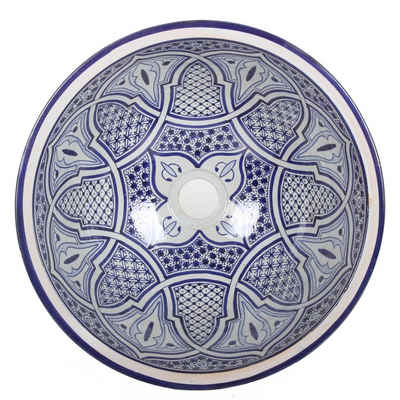 Casa Moro Aufsatzwaschbecken Marokkanisches Keramik-Waschbecken Fes93 Ø 35cm blau weiß handbemalt (Handgefertigt), handbemaltes Aufsatzbecken Handwaschbecken wie aus 1001 Nacht WB35303