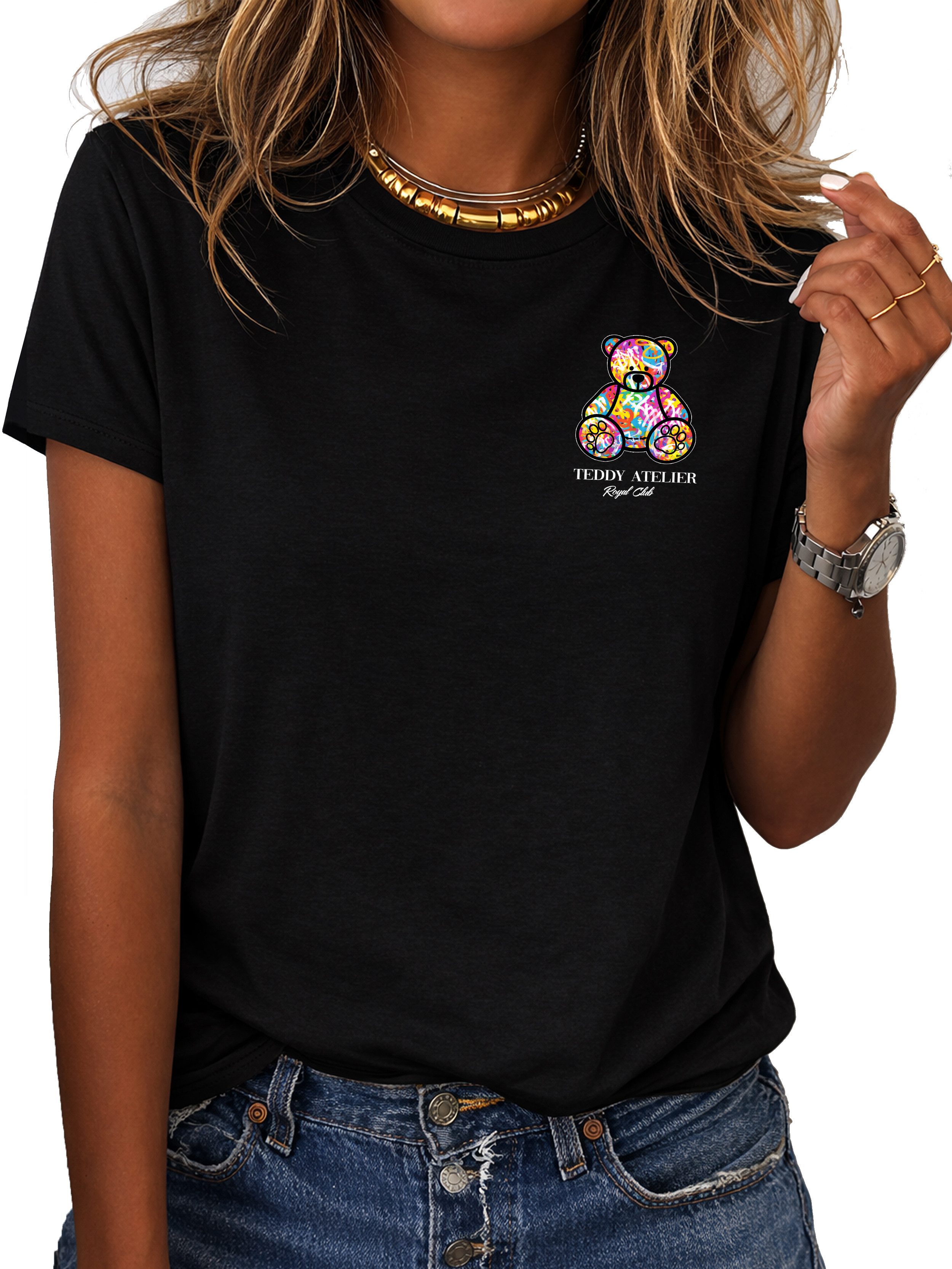 RMK T-Shirt Damen Shirt Rundhals Basic "Bear" aus Baumwolle