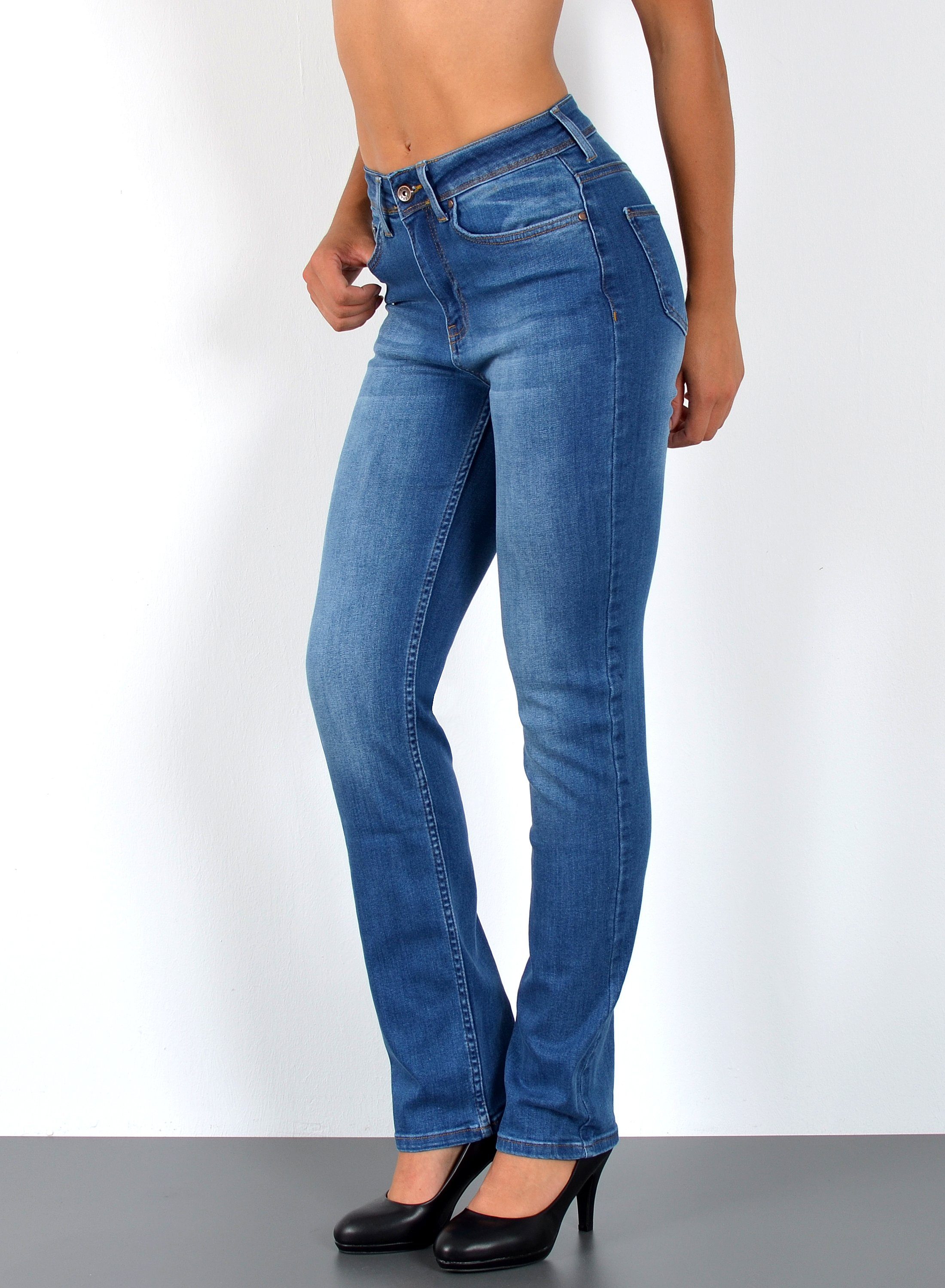 ESRA Straight-Jeans High Waist Straight Fit Jeans Damen Geradeschnitt Hose Straight High Waist Damen Jeans Straight Hose Gerade Schnitt Jeanshose Stretch