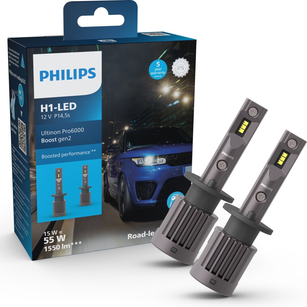 Philips KFZ-Ersatzleuchte LED H1 12V 13W Ultinon Pro6000 Boost Gen2 +450% mit Straßenzulassung, H1, Kaltweiß, Boost Performance