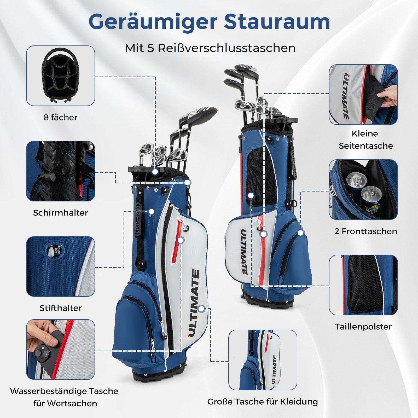 COSTWAY Golfschläger + Golfbag, 9 teiliges Golfset linkshändig mit Golftasche