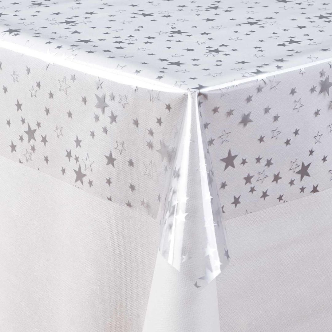 laro Tischdecke Wachstuch-Tischdecken Abwaschbar Transparent Sterne silber rechteckig
