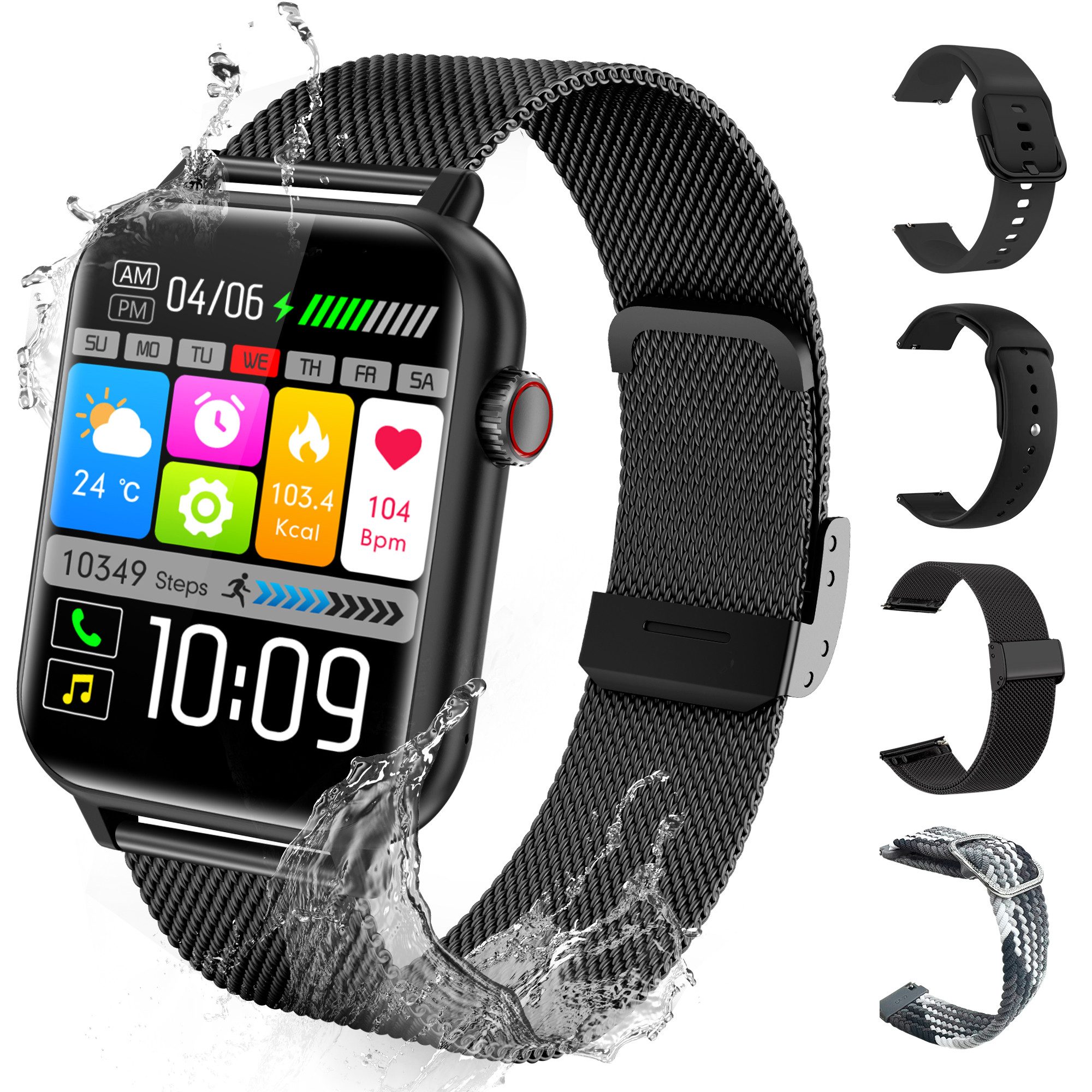 walkbee Smartwatch Damen Herren, Fitness Tracker Uhr mit Anruffunktion Smartwatch (5 cm/1.96 Zoll Full-Touch Zoll) 4 Austauschbare Armbänder,Frauengesundheit,Fitness Tracker mit Schrittzähler, Always-on-Screen-Funktion, IP67 Wasserdicht Fitness Uhr, Blutsauerstoffmessung,Sportuhren mit Herzfrequenzmessung