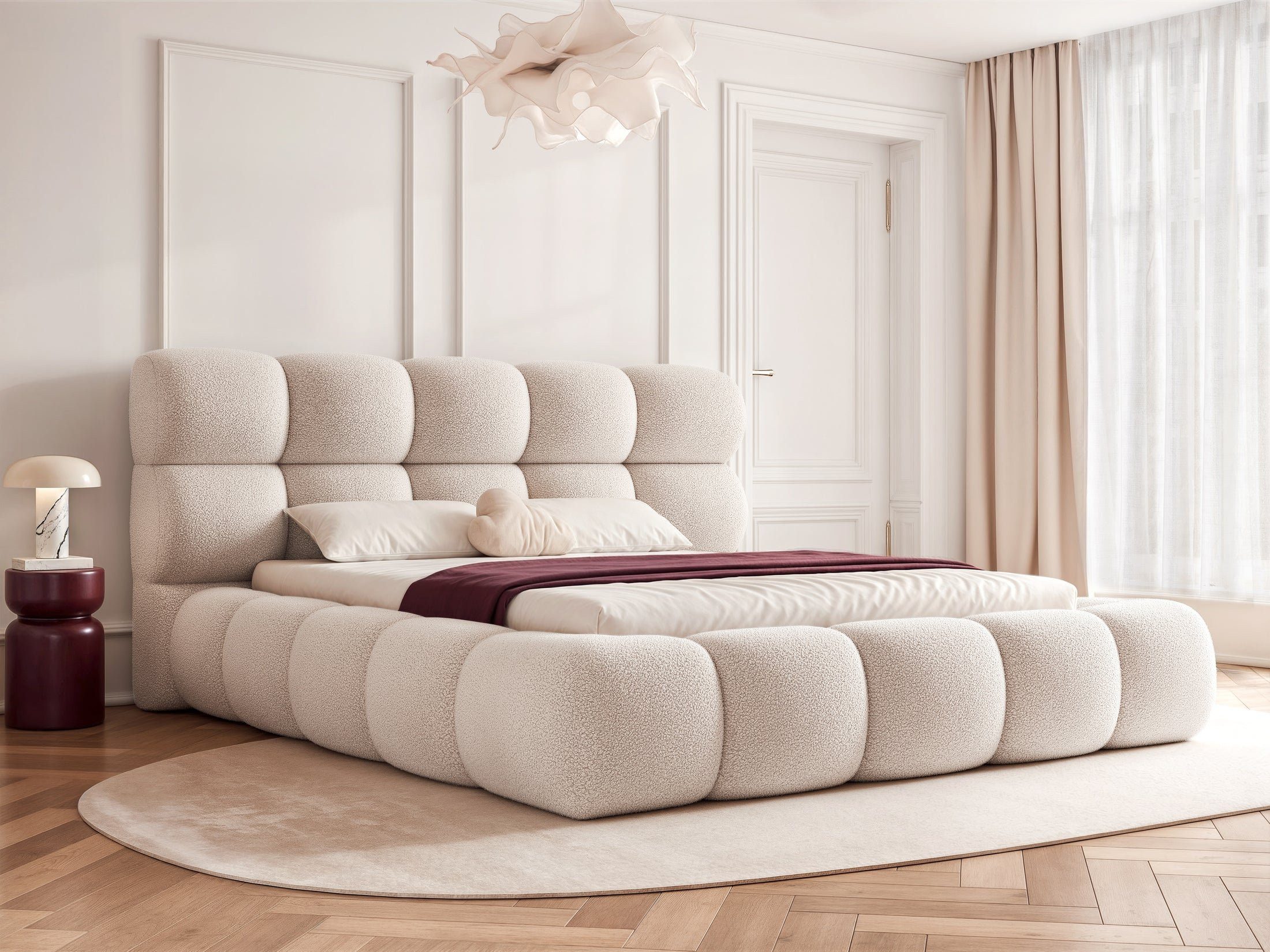 Goldstoff Polsterbett "Borea" 120x200–200x200cm mit Bettkasten - Designerbett mit Lattenrost (mit Bettkasten und hohem Kopfteil - perfekt für erholsamen Schlaf, 1-tlg), Stauraumbett 200x200cm gepolstert mit großem Kopfteil & Holzlattenrost