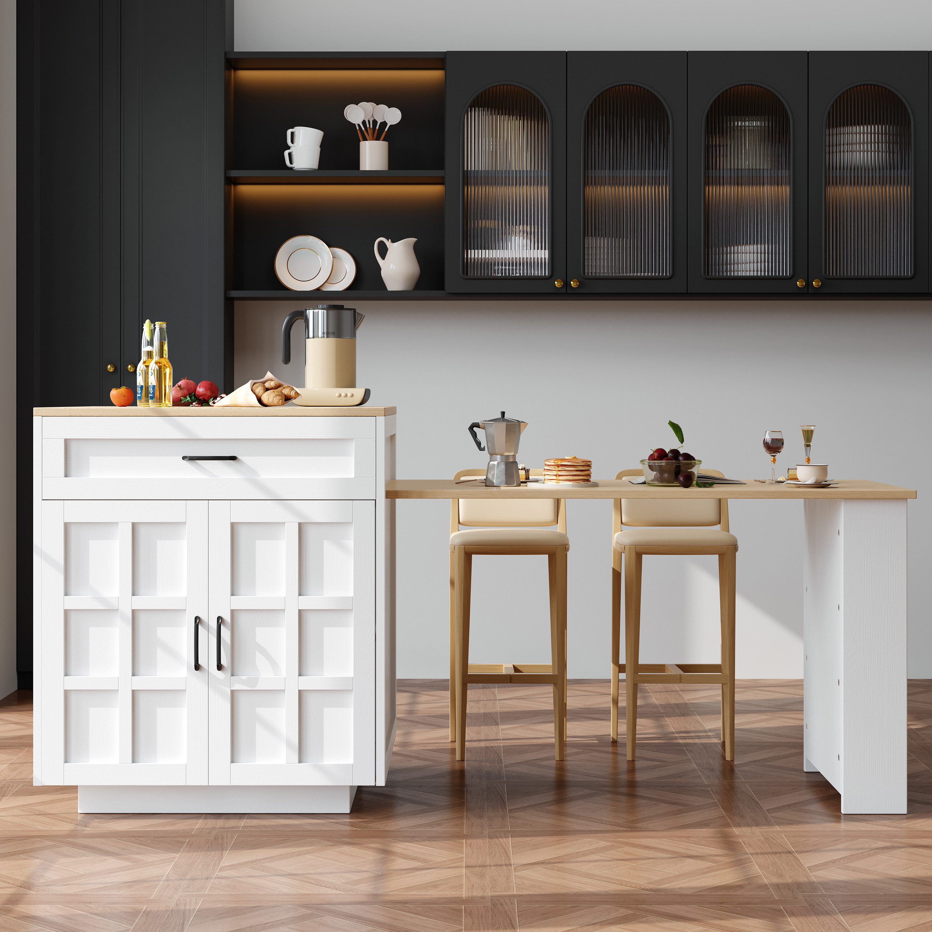 STILVORA Sideboard ausziehbar,Bartisch mit stauraum,Küchentisch mit Schubladen,Sideboard (Ausziehbarer Bartisch mit Stauraum (133-202 cm) – Erweiterbarer Küchentisch mit Schubladen, Gewürzregal & Ablagen)