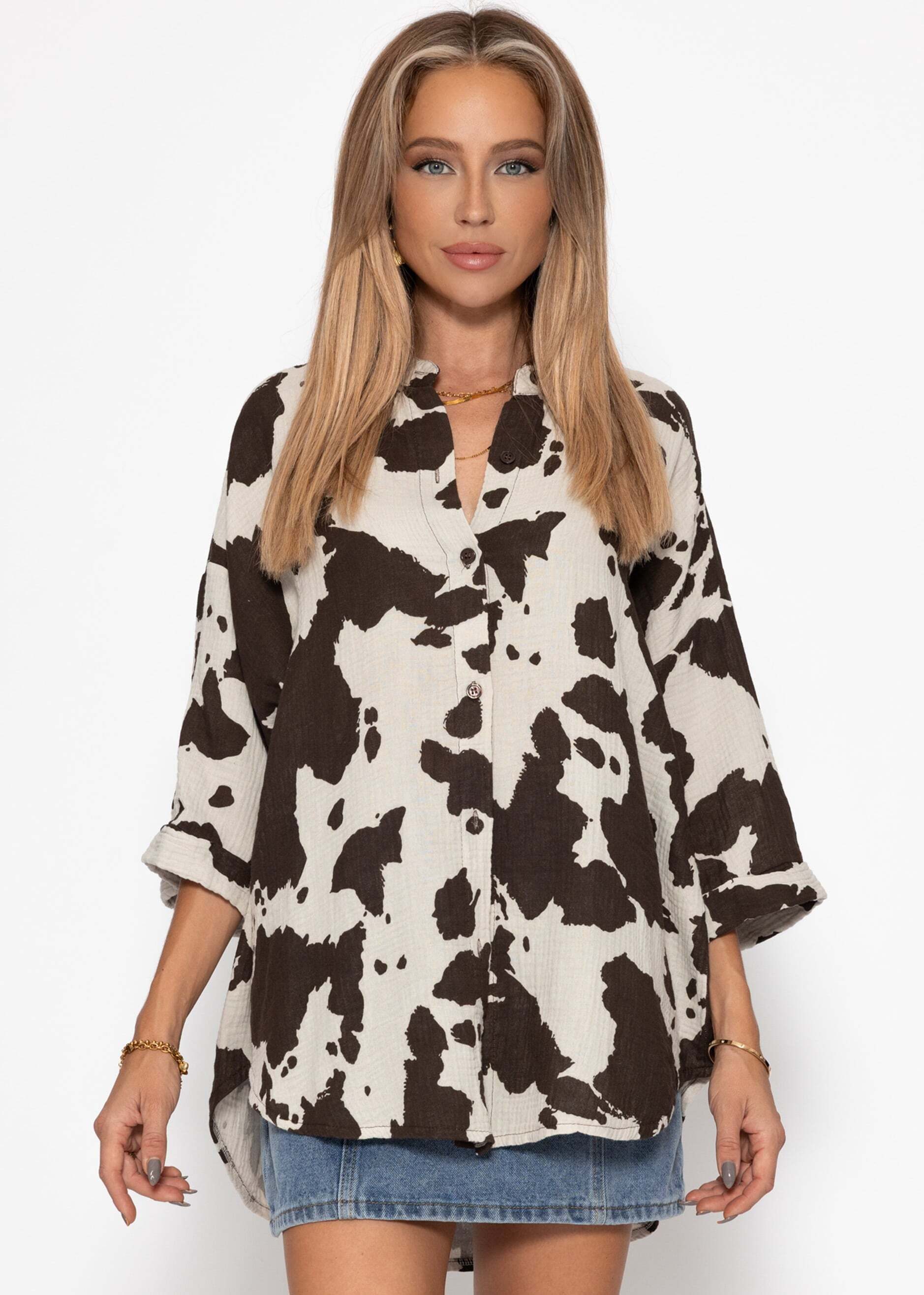 SASSYCLASSY Langarmbluse Musselin Bluse in Animal Print für Damen Klassische Bluse aus Baumwolle in Kuh-Print mit Stehkragen Braun
