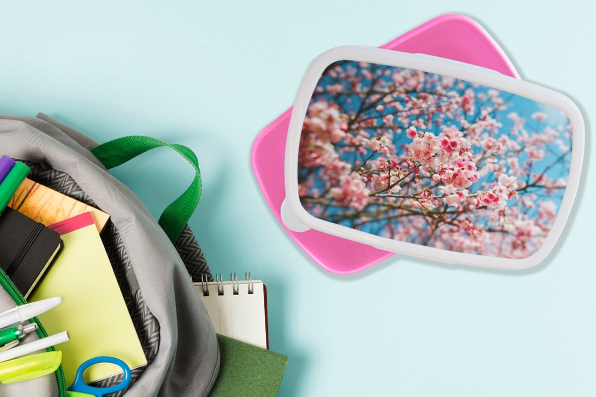 Kinder, MuchoWow Mädchen, - Blüte Kunststoff, Himmel für (2-tlg), - Erwachsene, Kunststoff Brotdose rosa Lunchbox Brotbox Snackbox, Baum,