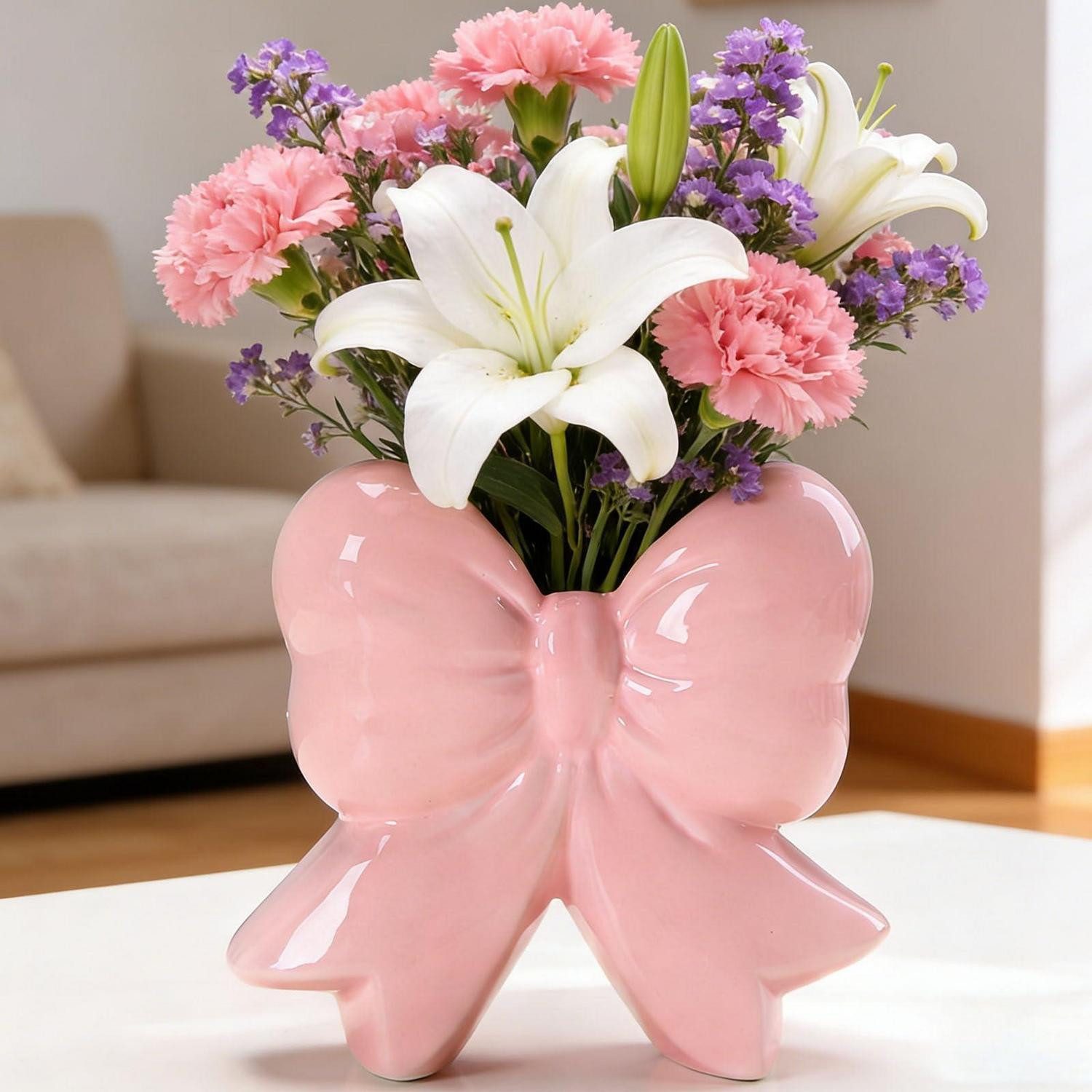 LuxusKollektion Tischvase Vase Keramik Rosa Schleife (1 St)