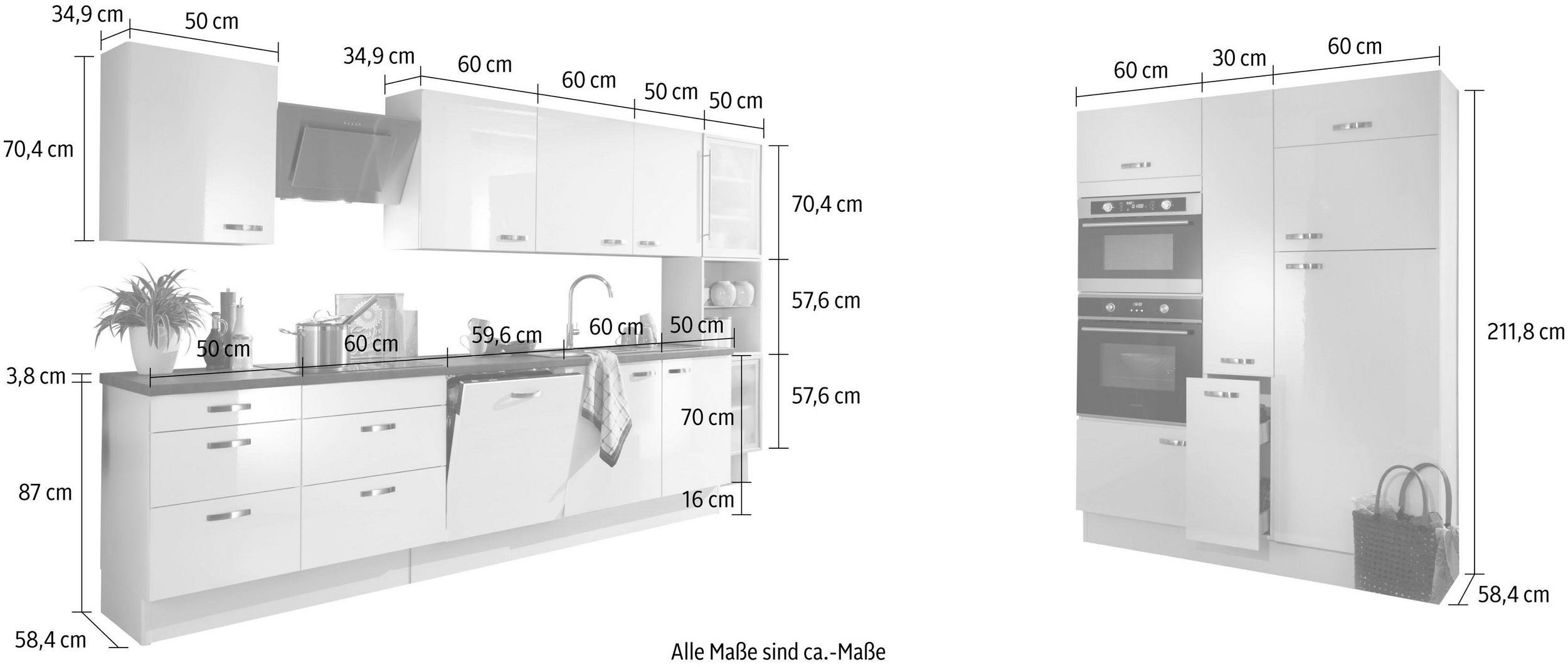 Vollauszügen Küchenzeile 480 | weiß und weiß/weiß Cara, OPTIFIT cm mit Breite Soft-Close-Funktion,