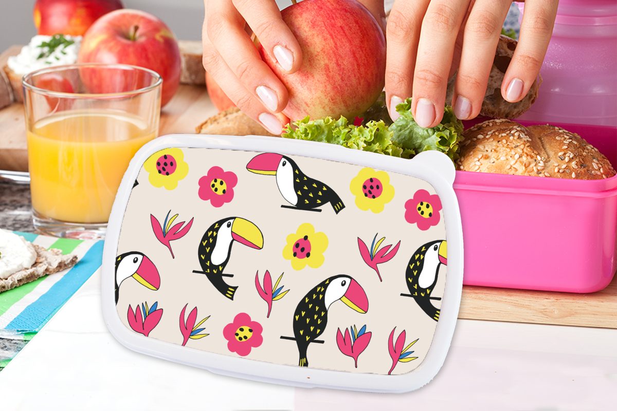Kinder, Erwachsene, Brotdose - Blume, für Muster Kunststoff, (2-tlg), MuchoWow Kunststoff - rosa Lunchbox Snackbox, Vogel Mädchen, Brotbox