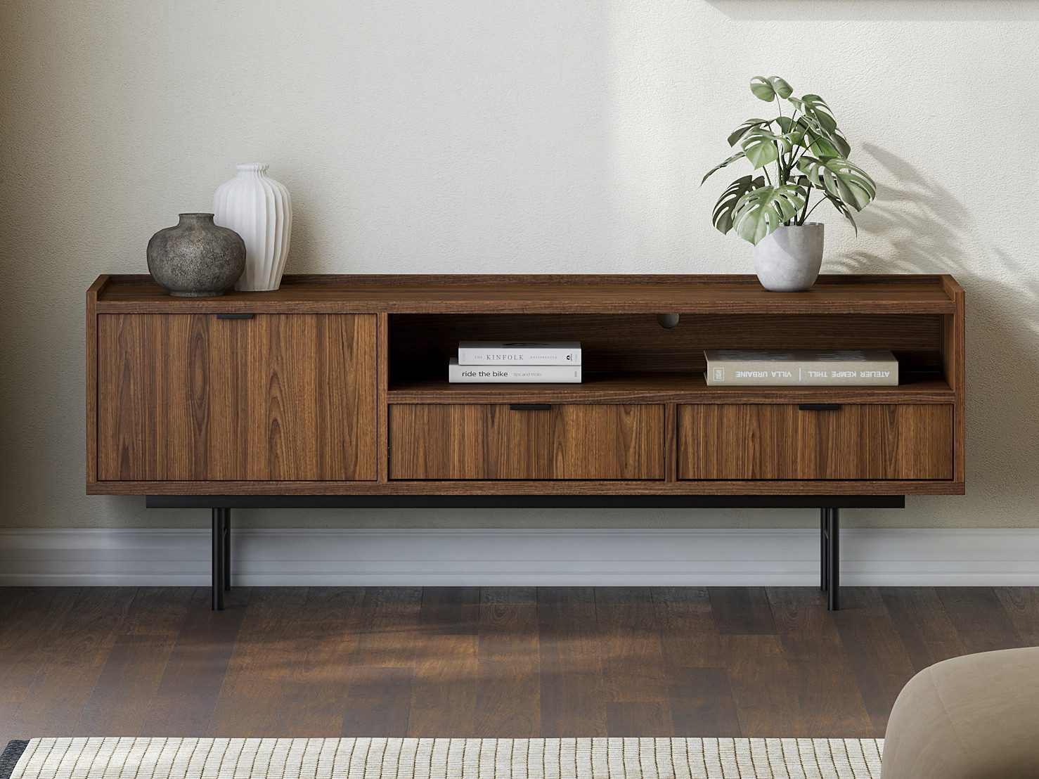 Beautysofa TV-Schrank Evron mit 2 Schubladen, 1 Tür und offene Ablage (zwei günstig online kaufen