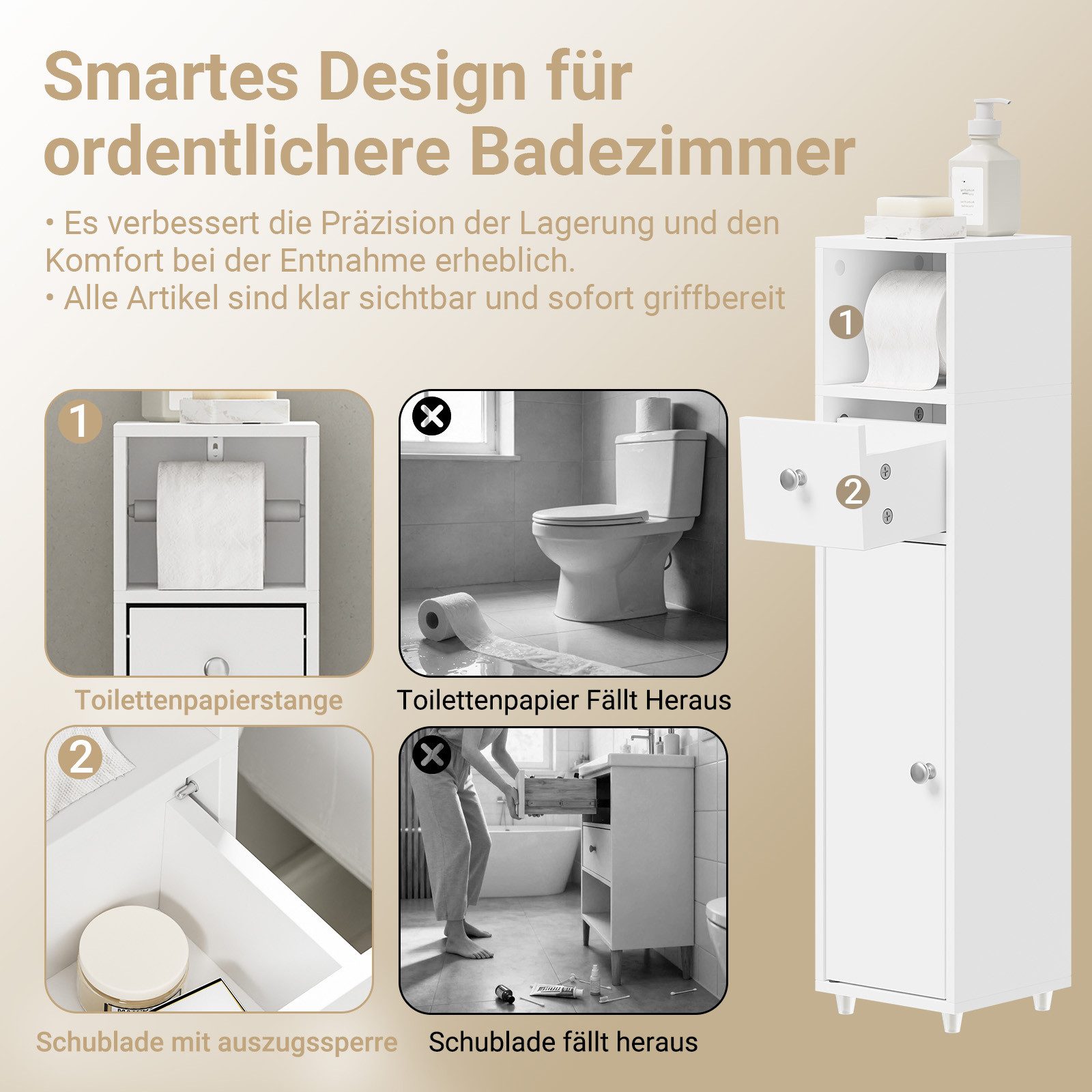 SoBuy Badkommode BZR219, Badezimmerschrank schmal, Toilettenpapierschrank mit Schublade, Badschrank Badkommode mit Papierrollenhalter, Nischenregal