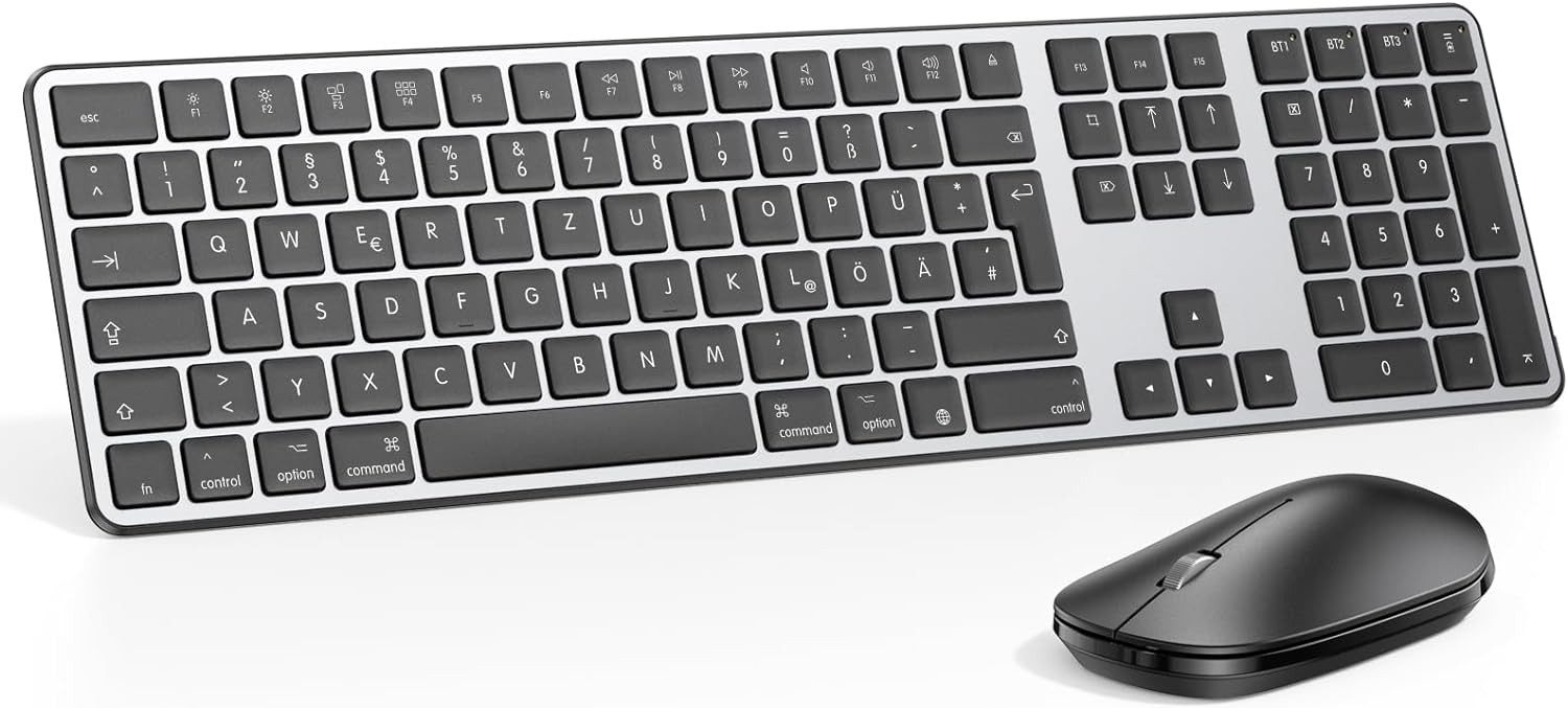 OMOTON Bluetooth Kabellose für Apple MacBook Pro/Air Tastatur- und Maus-Set, AAA Batteriebetrieben, Volle Größe, Mehrere Geräte, QWERTZ