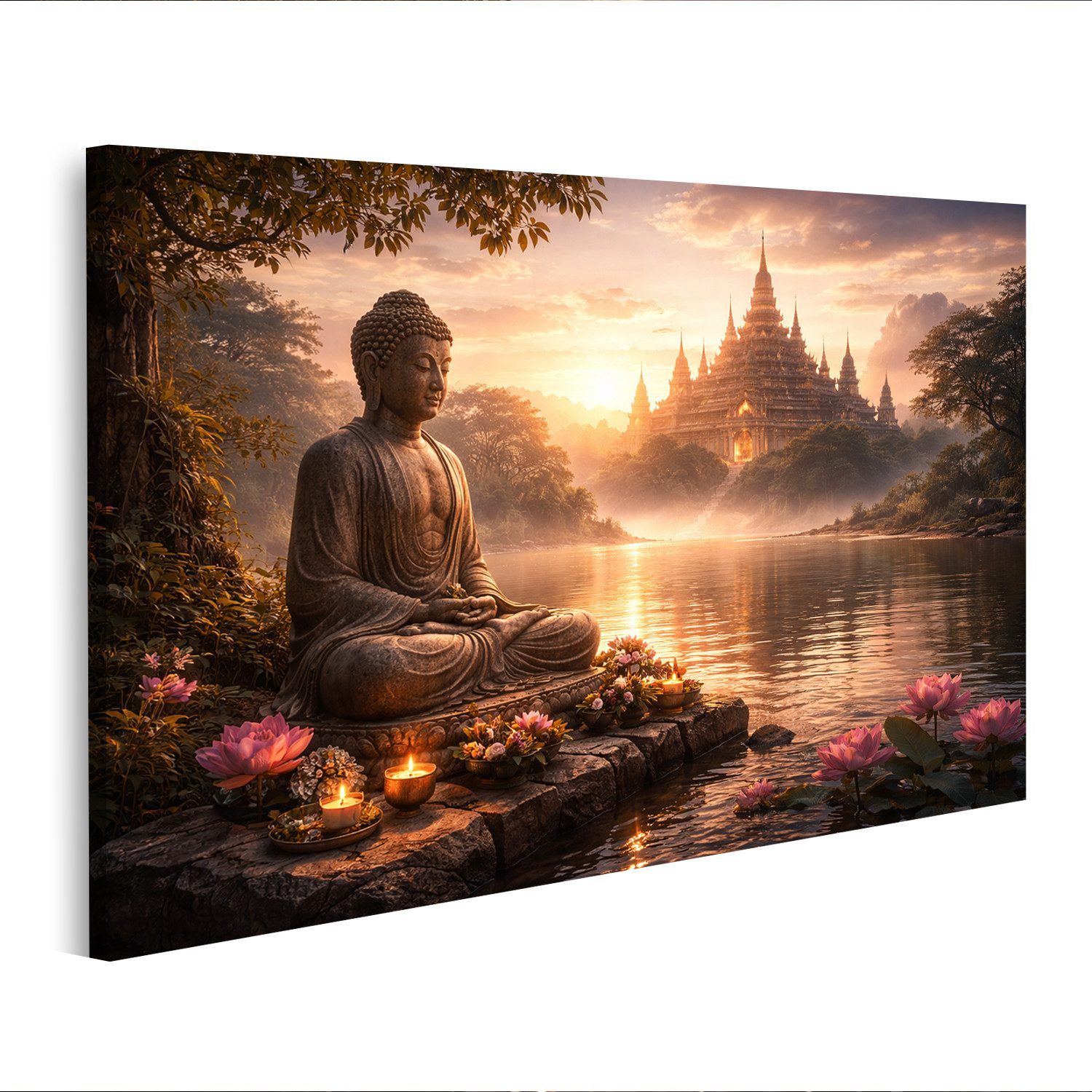 islandburner Leinwandbild Buddha Statue am See mit Lotusblumen und Tempel im Hintergrund -