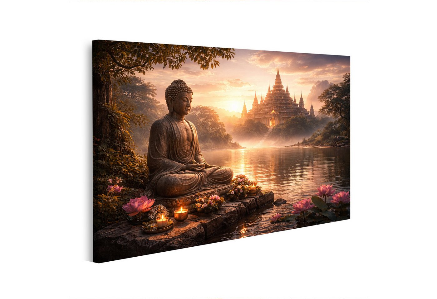 islandburner Leinwandbild Buddha Statue am See mit Lotusblumen und Tempel im Hintergrund -