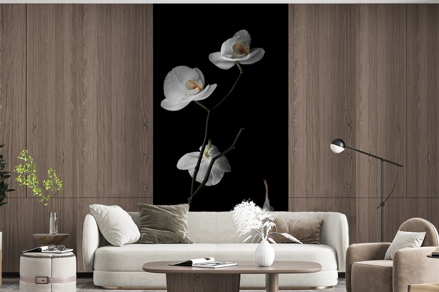 Blumen Stilleben, Fototapete St), Vliestapete Orchidee - (2 bedruckt, Küche, Schwarz Schlafzimmer Wohnzimmer - Weiß - Matt, für - Fototapete MuchoWow
