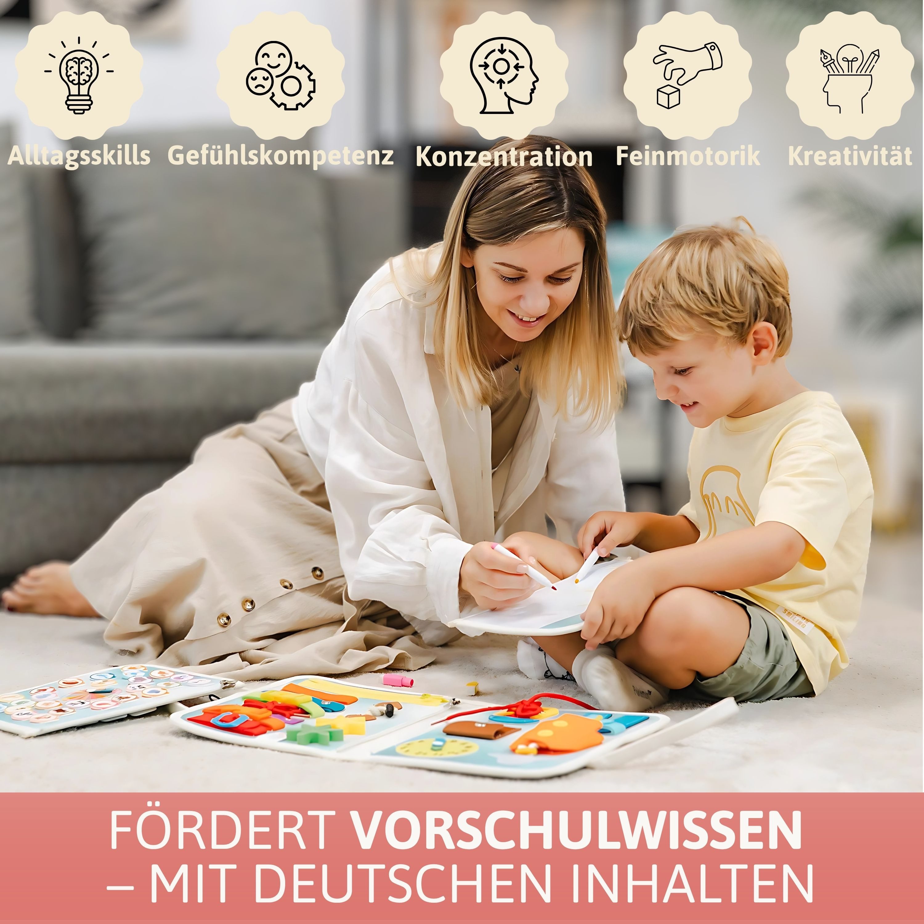 Lions Collection Lernspielzeug Busy Board Deutsch - vernäht - Montessori Spielzeug - Motorikmappe