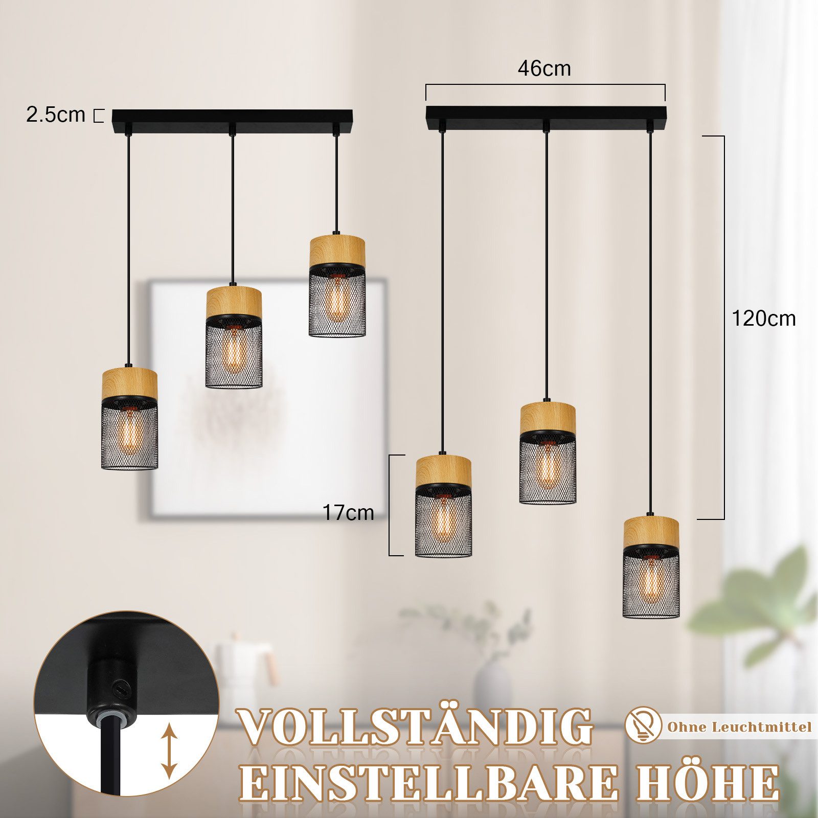 Nettlife Hängeleuchte Vintage Holzmaserung Esstisch Schwarz Industrial E27 25W Pendelleuchte, Höhenverstellbar, LED wechselbar, Esstischlampe für Schlafzimmer Küche Bar Flur