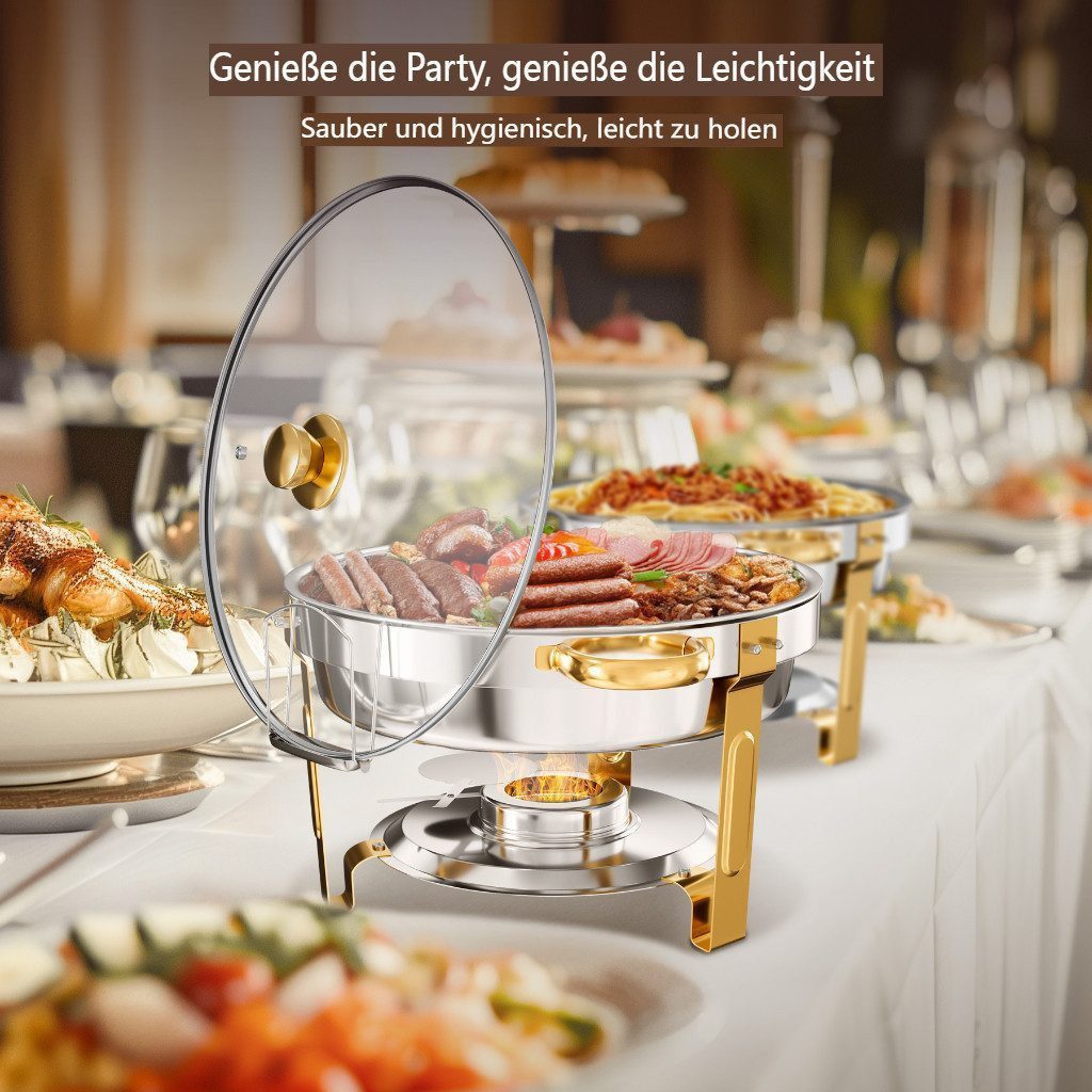 Warmounts Speisenwärmer 6,15L Chafing Dish Speisenwärmer Set, (2-tlg., Rund, 6,5 QT Edelstahl mit Deckelhalter und Glasdeckel), Buffet Warmhalter-Set für Catering, Partys, Abendessen