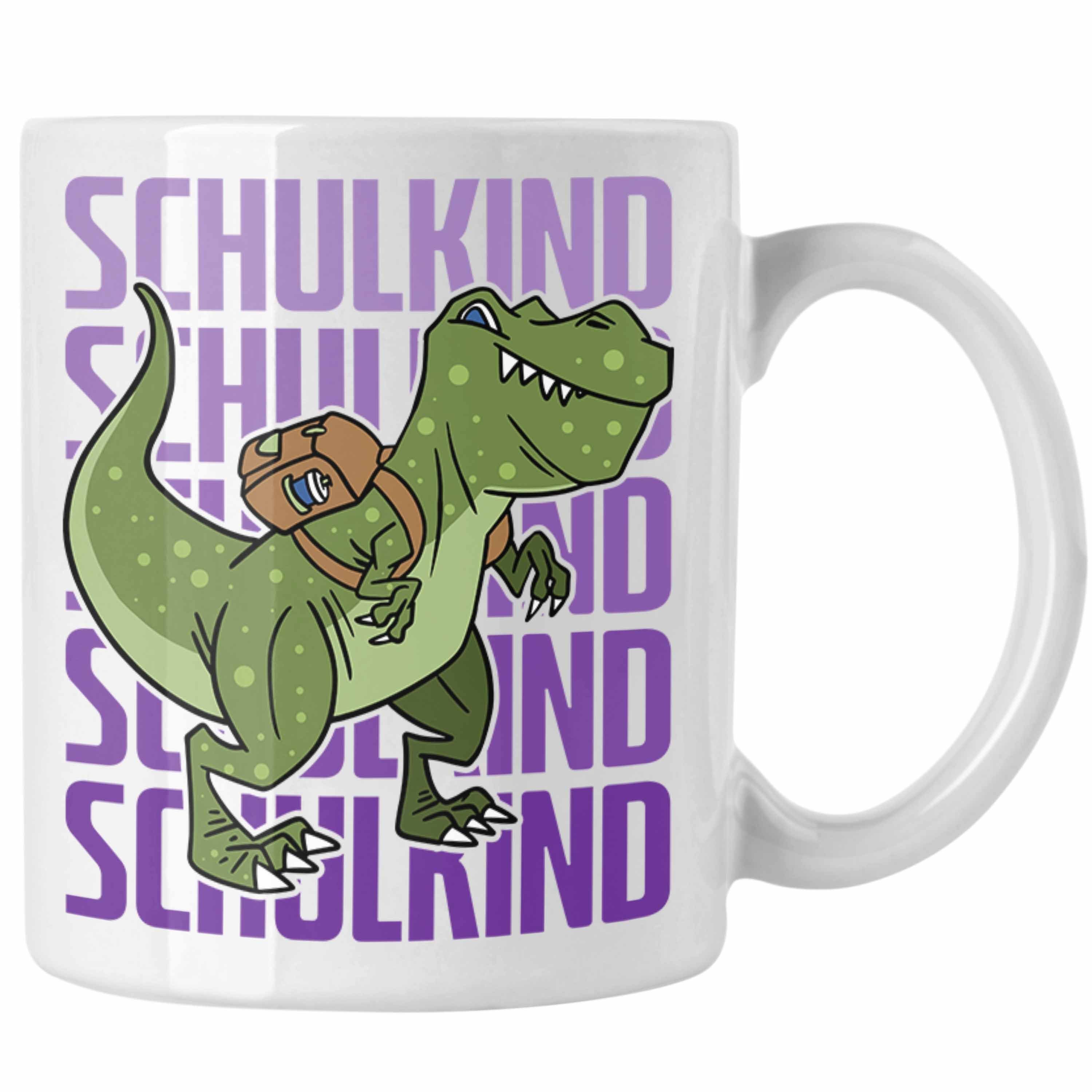 Trendation Tasse Einschulung Tasse Geschenk Jungs Erster Schultag: Lustige T-Rex Dino T Weiss