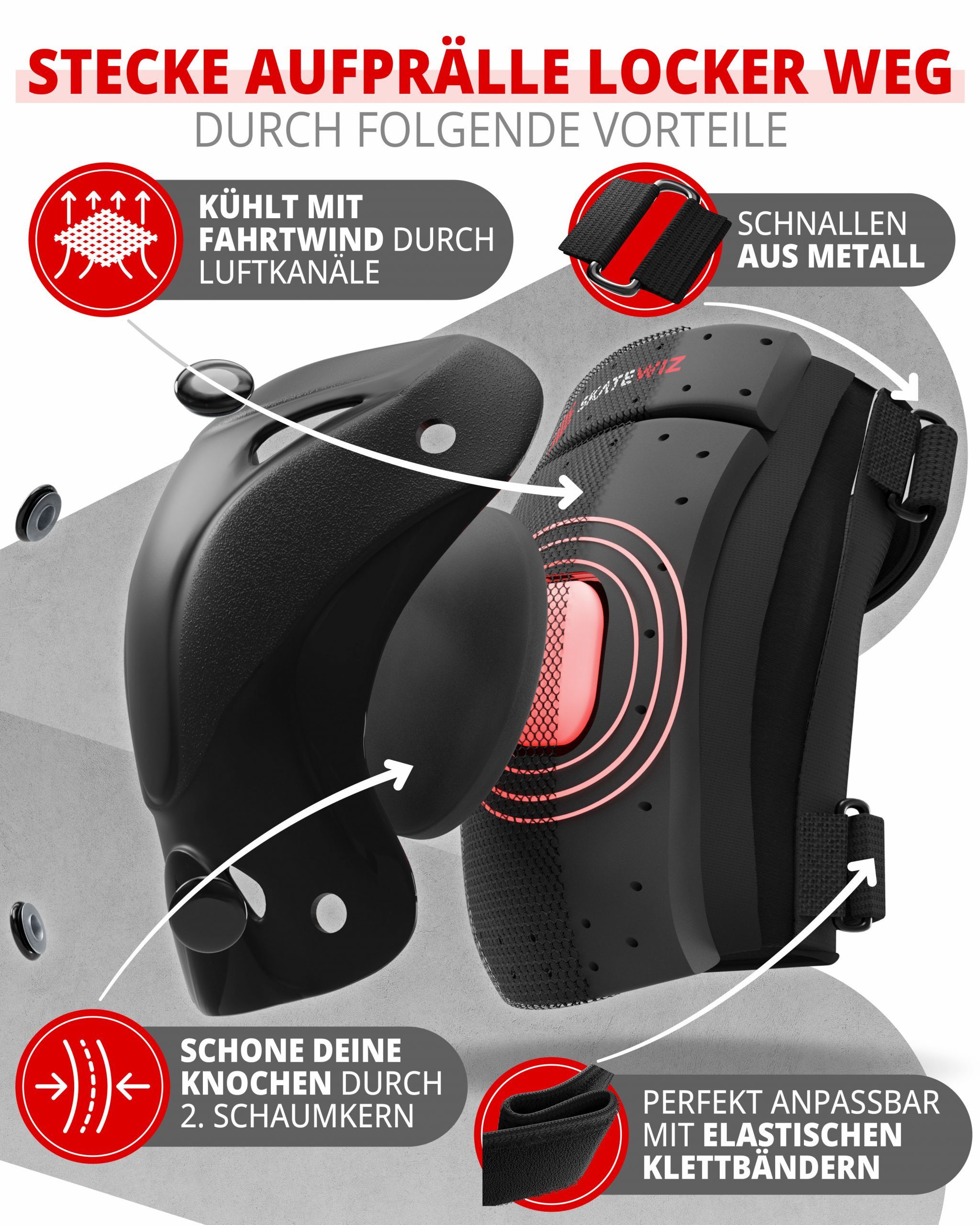 SKATEWIZ Protektoren-Set Schützer Skateboard ab 8 Jahre Protektoren Kinder und Erwachsene (Inline Skate Schonerset, 6-tlg., Knieschoner Geschenke für Kinder - I – Bild 4 von 5