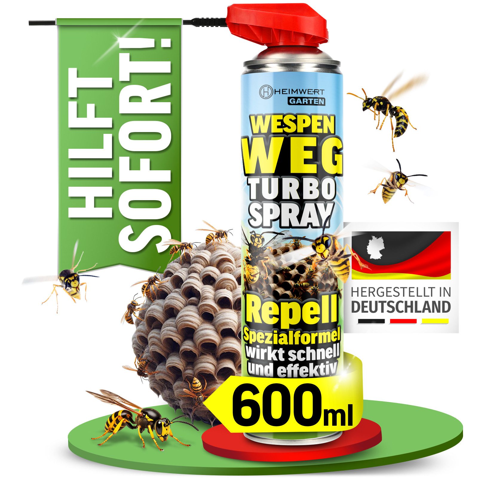 HEIMWERT Wespenspray Wespensabwehr Wespennest entfernen, 600 ml, Sicher Wespennest entfernen dank Spezialformel Made in Germany