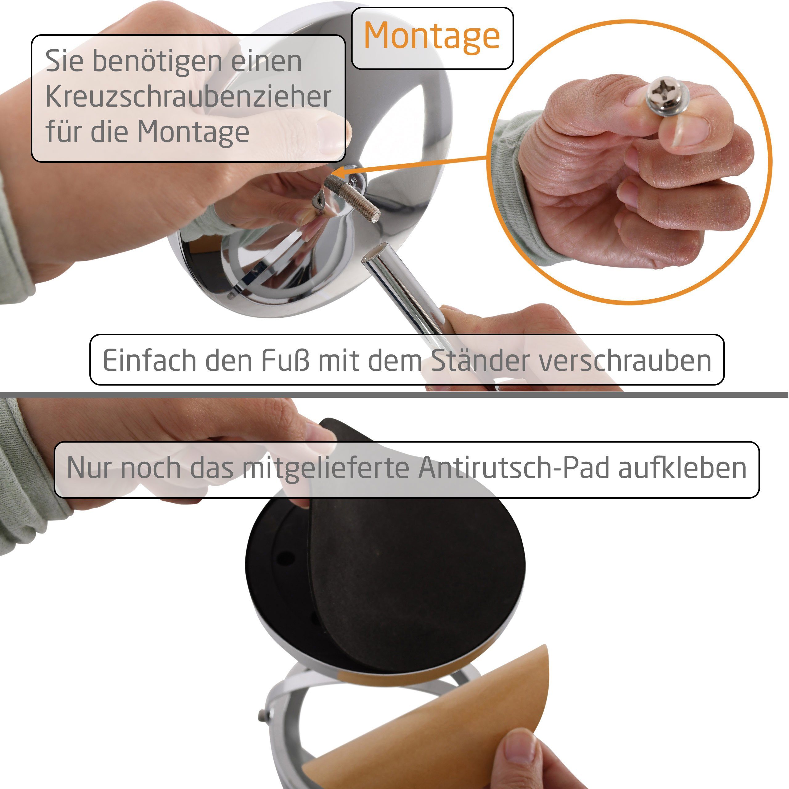 Raburg Kosmetikspiegel 3x/1x Vergrößerung doppelseitig 360° schwenkbar Chrom (18 cm Ø oder 17 cm Ø, doppelseitig, 360), 32 cm, Gesichts- & Bartpflege, Schminken/Make-up, Augenbrauen zupfen