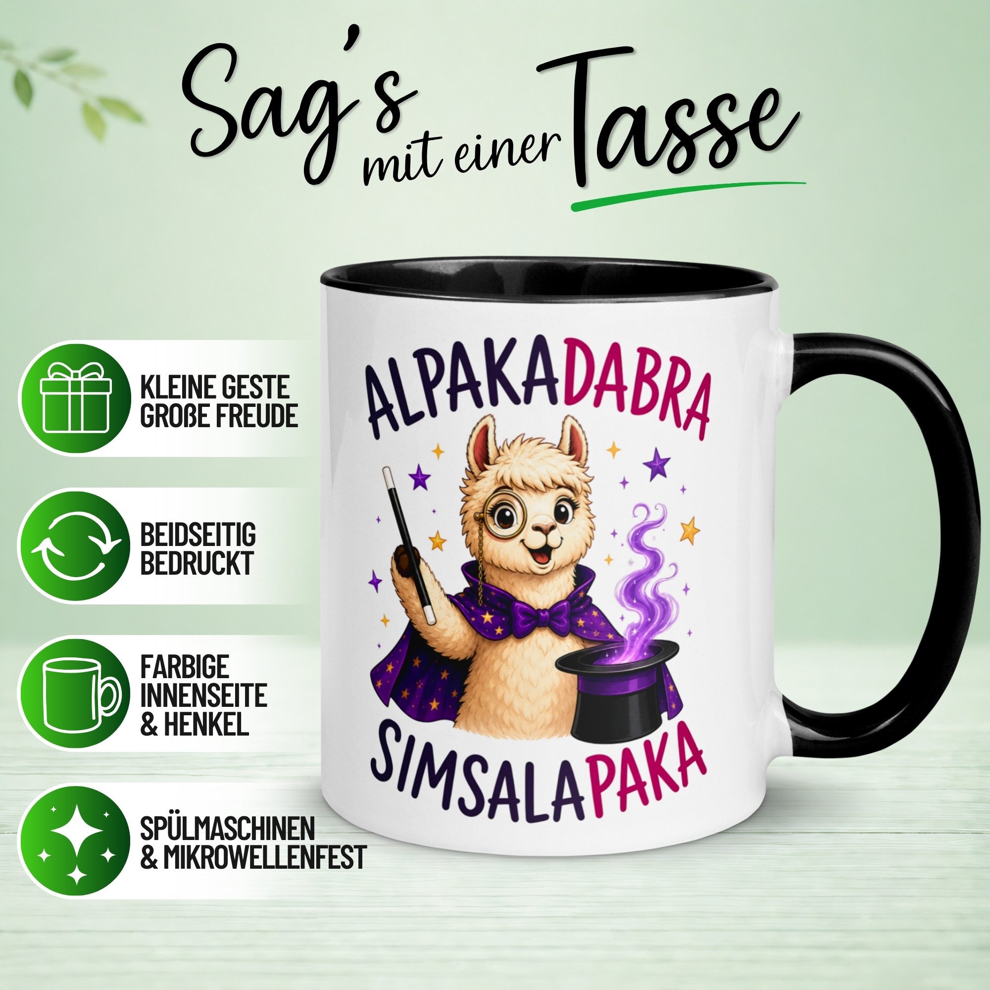 Momentals Tasse Alpaka – „Alpakadabra und Simsalapaka“ – lustiger Geschenk Becher, Gratis Versand · Links-&Rechtshänder · Spülmaschinenfest
